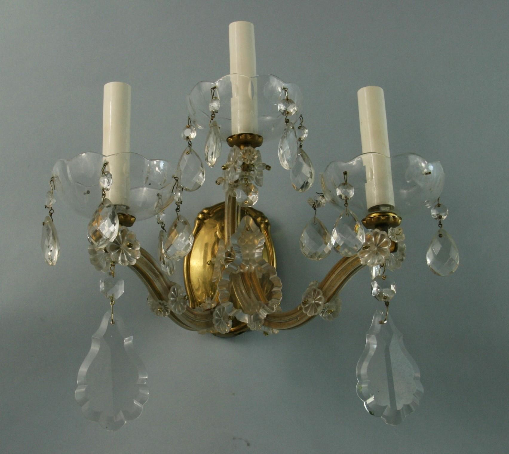 Pair Three Light Maria Theresa Crystal and Brass Sconces In Good Condition In Douglas Manor, NY