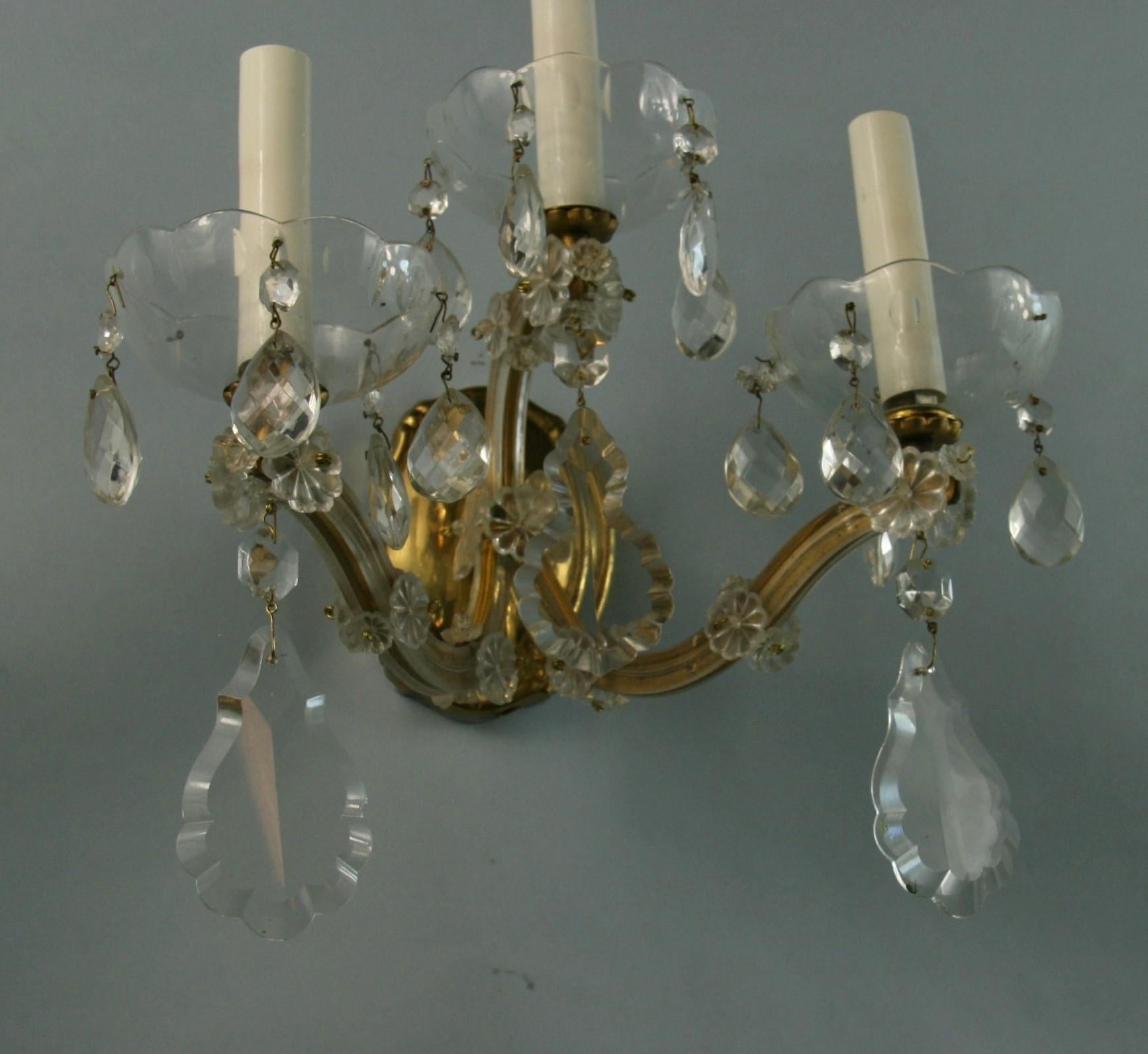 Pair Three Light Maria Theresa Crystal and Brass Sconces For Sale 1