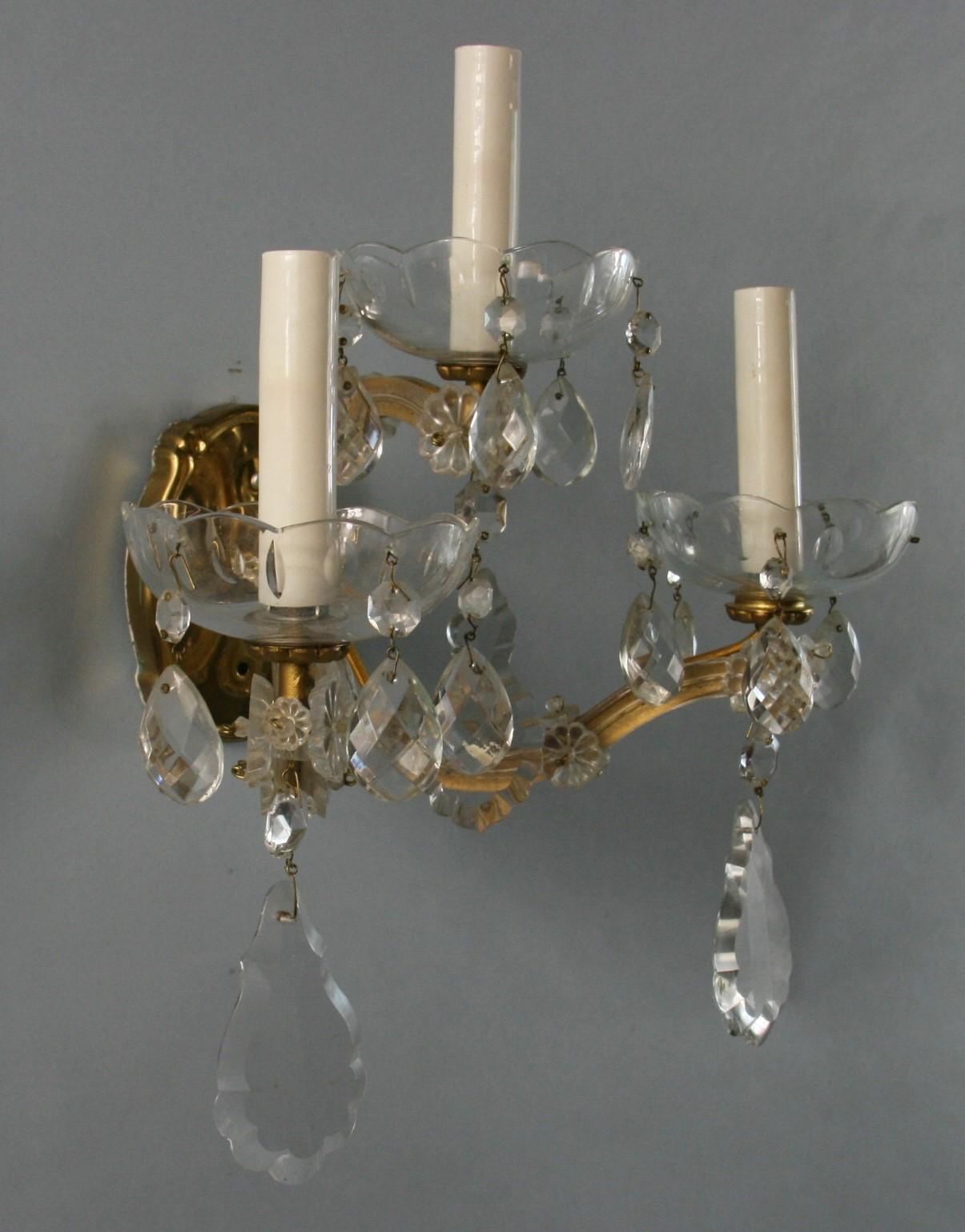 Pair Three Light Maria Theresa Crystal and Brass Sconces For Sale 2