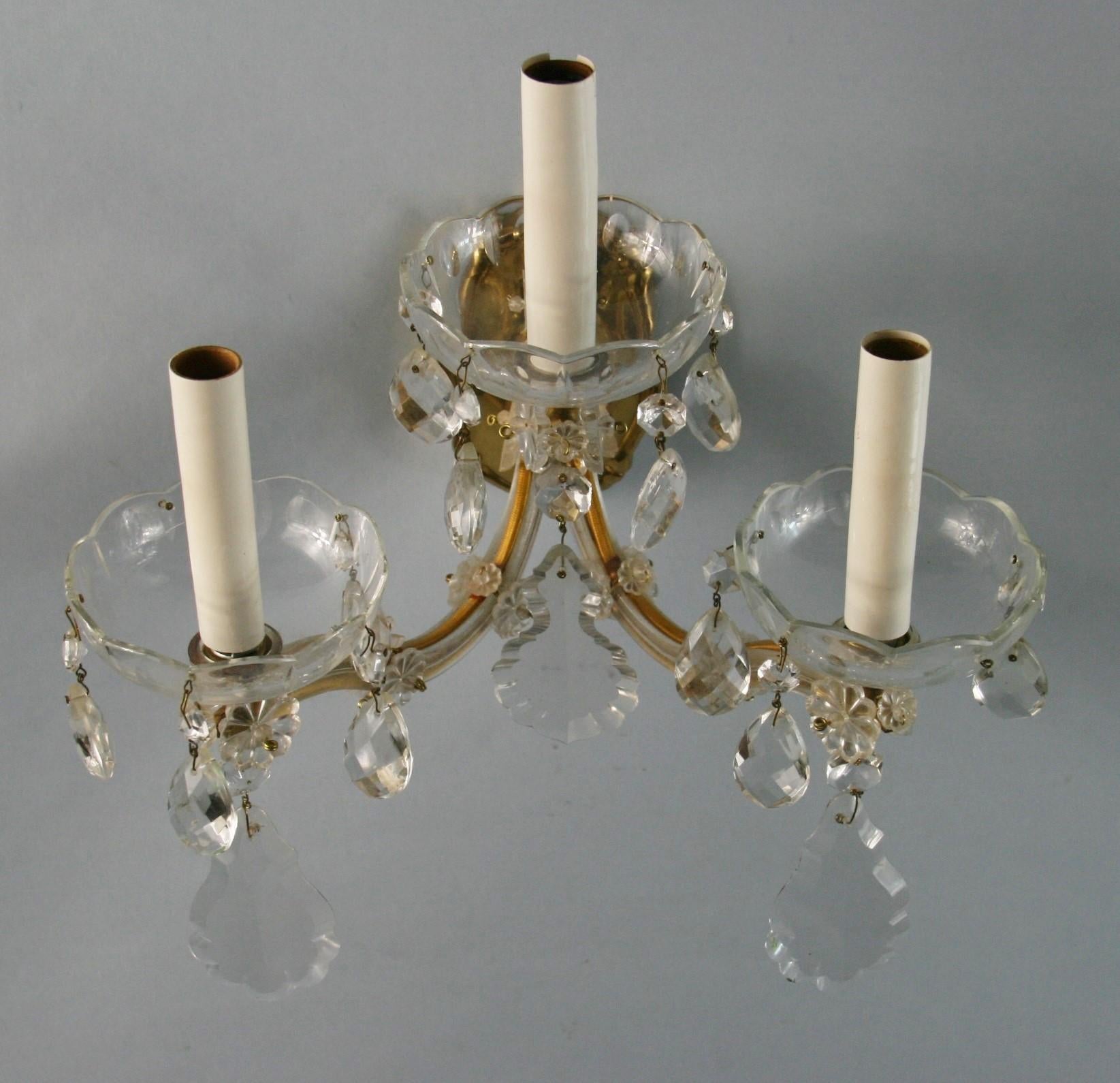 Pair Three Light Maria Theresa Crystal and Brass Sconces For Sale 3