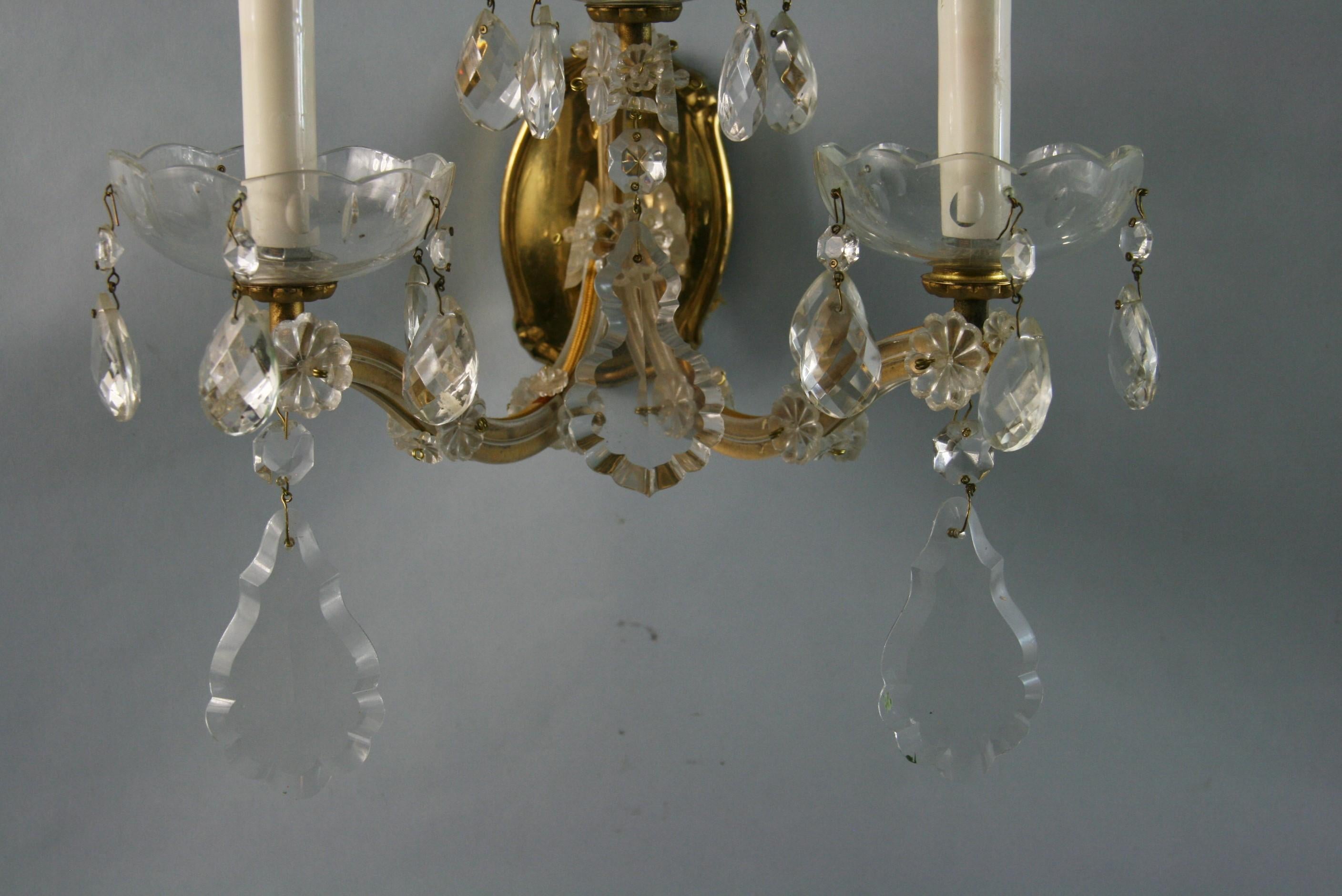Pair Three Light Maria Theresa Crystal and Brass Sconces For Sale 5