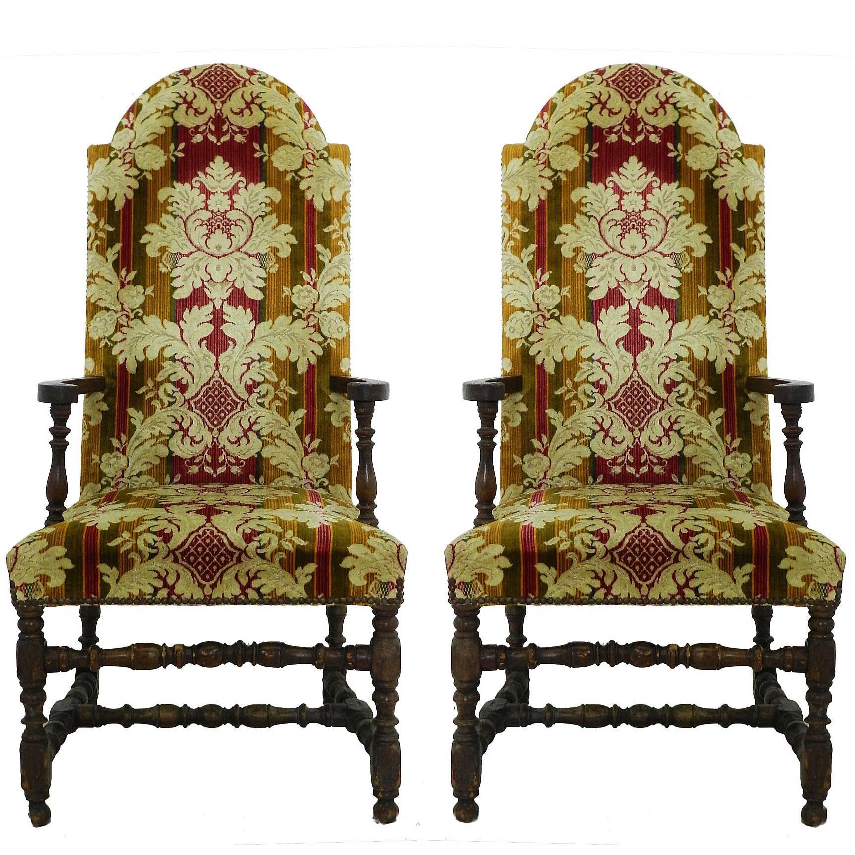 Pair of Throne Chairs 19th Century Spanish Open Armchairs Upholstered circa 1850 For Sale