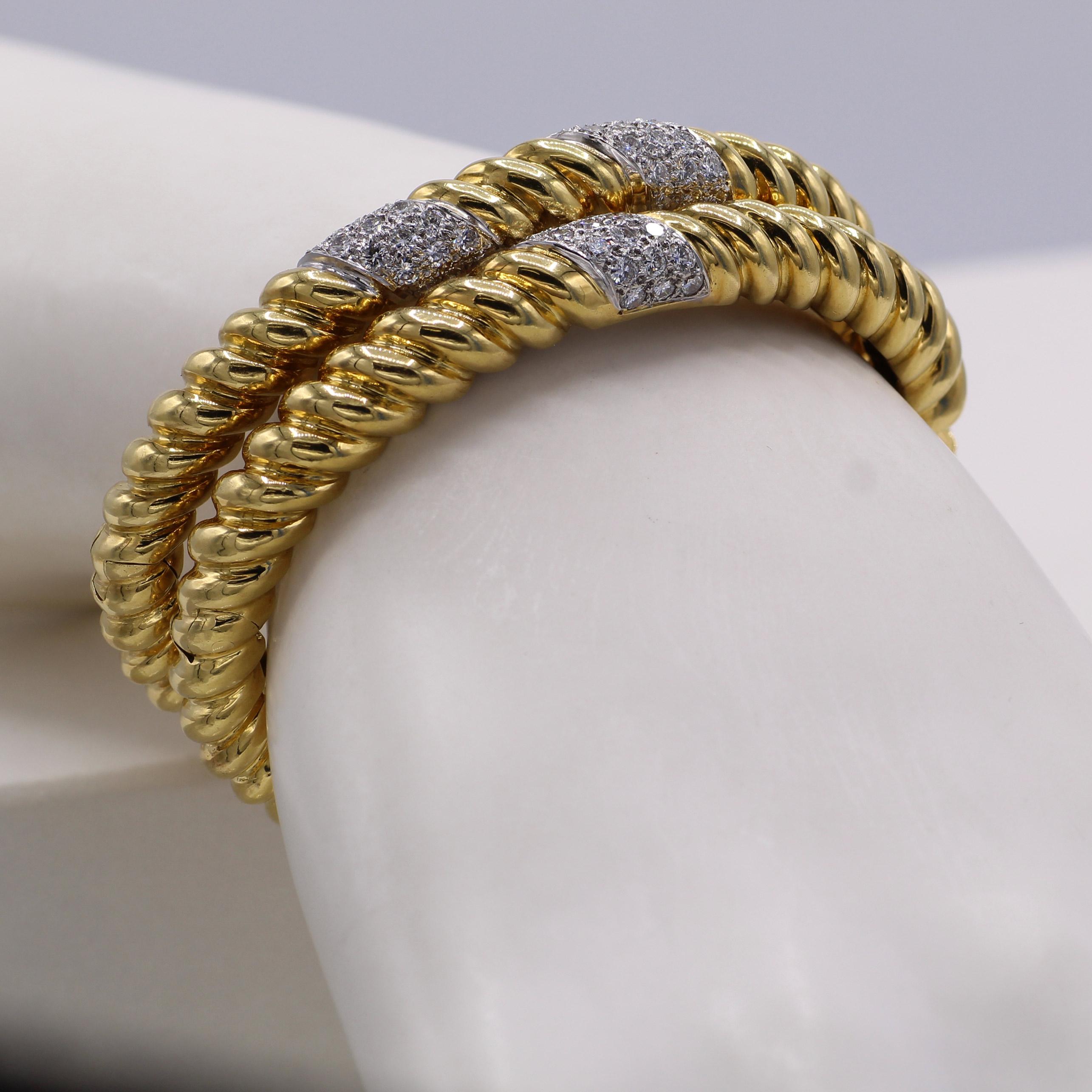 Pair Tiffany & Co. 18 Karat Gold Diamond Bangle Bracelets In Excellent Condition In New York, NY
