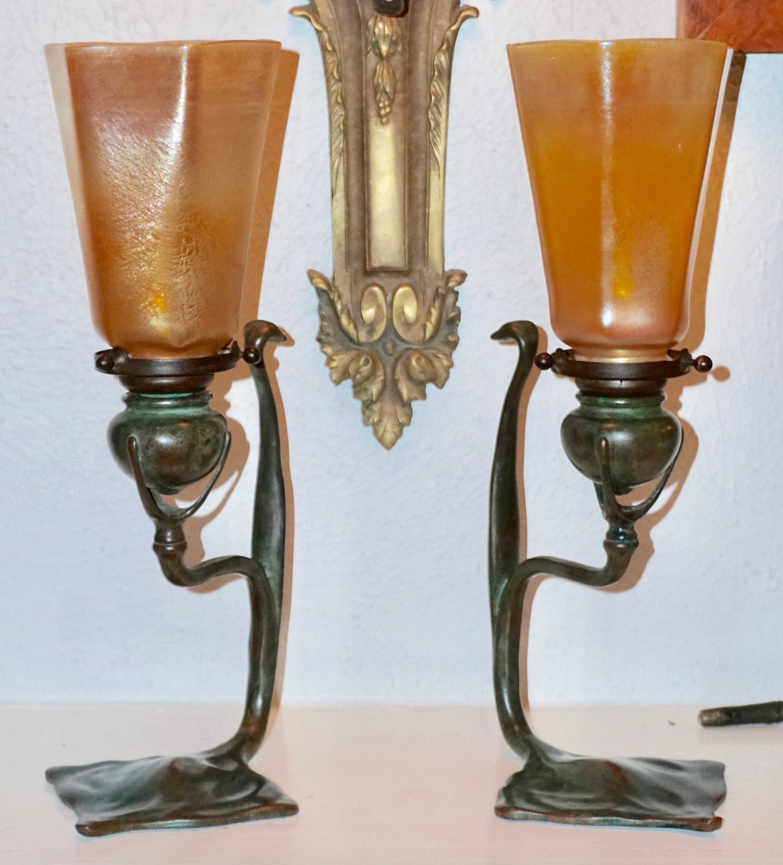 Pair Tiffany Studios Cobra Bronze Candlesticks with L.C.T. Favrile Lamp Shades 1