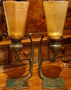 Pair Tiffany Studios Cobra Bronze Candlesticks with L.C.T. Favrile Lamp Shades
