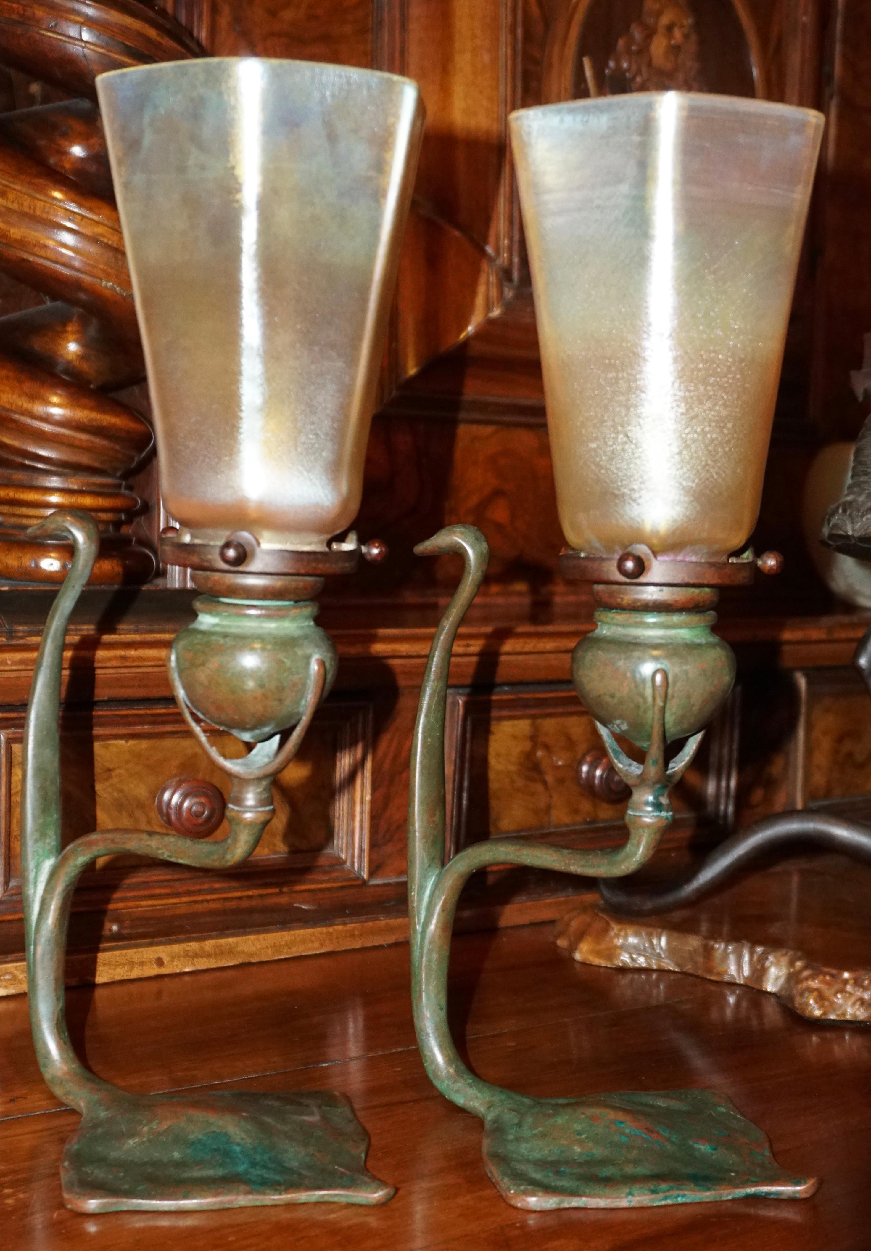 Art Nouveau Pair Tiffany Studios Cobra Bronze Candlesticks with L.C.T. Favrile Lamp Shades