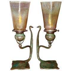 Antique Pair Tiffany Studios Cobra Bronze Candlesticks with L.C.T. Favrile Lamp Shades