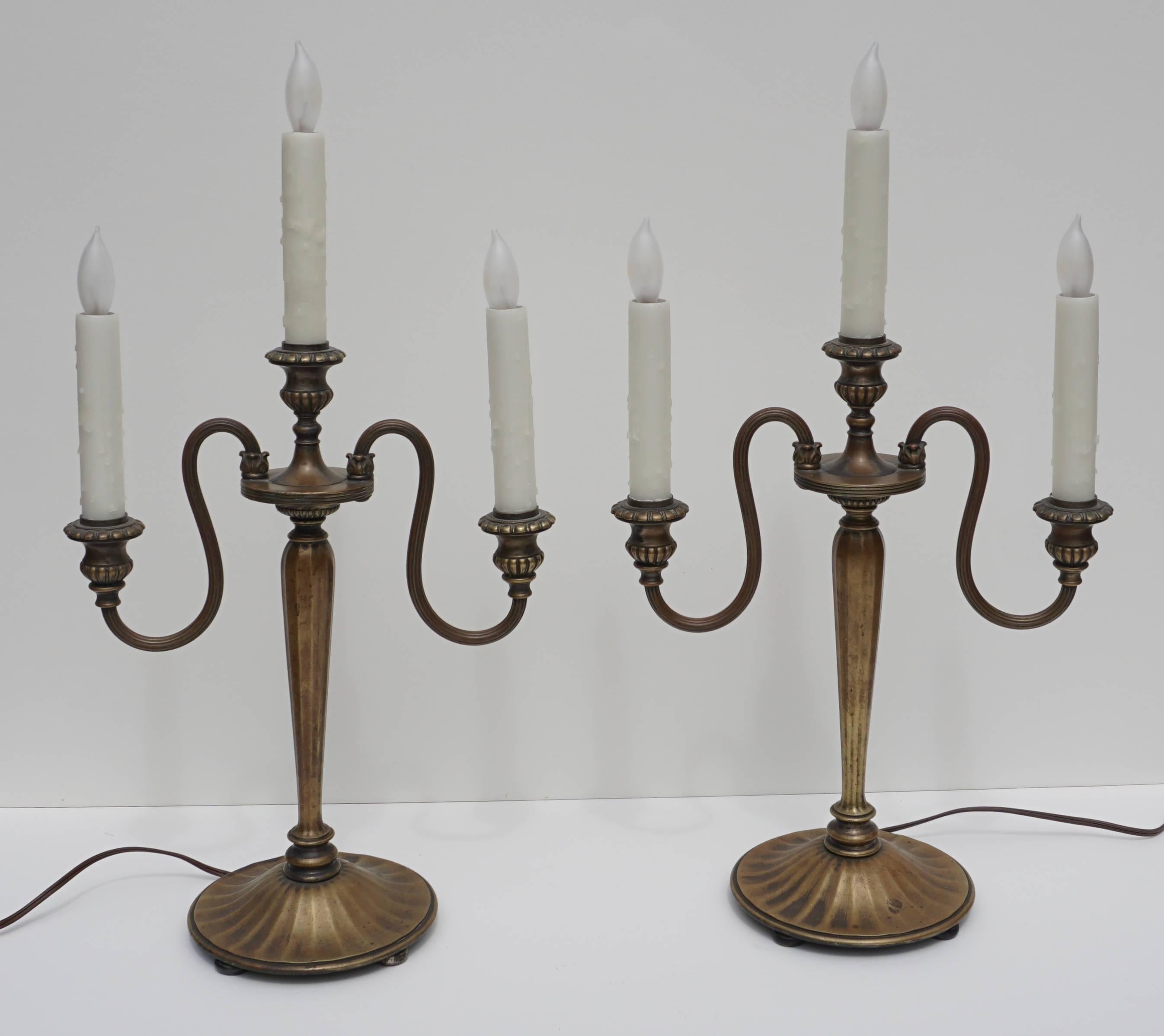 Victorian Pair of Tiffany Studios New York Bronze Candelabrum Lamps, 1890
