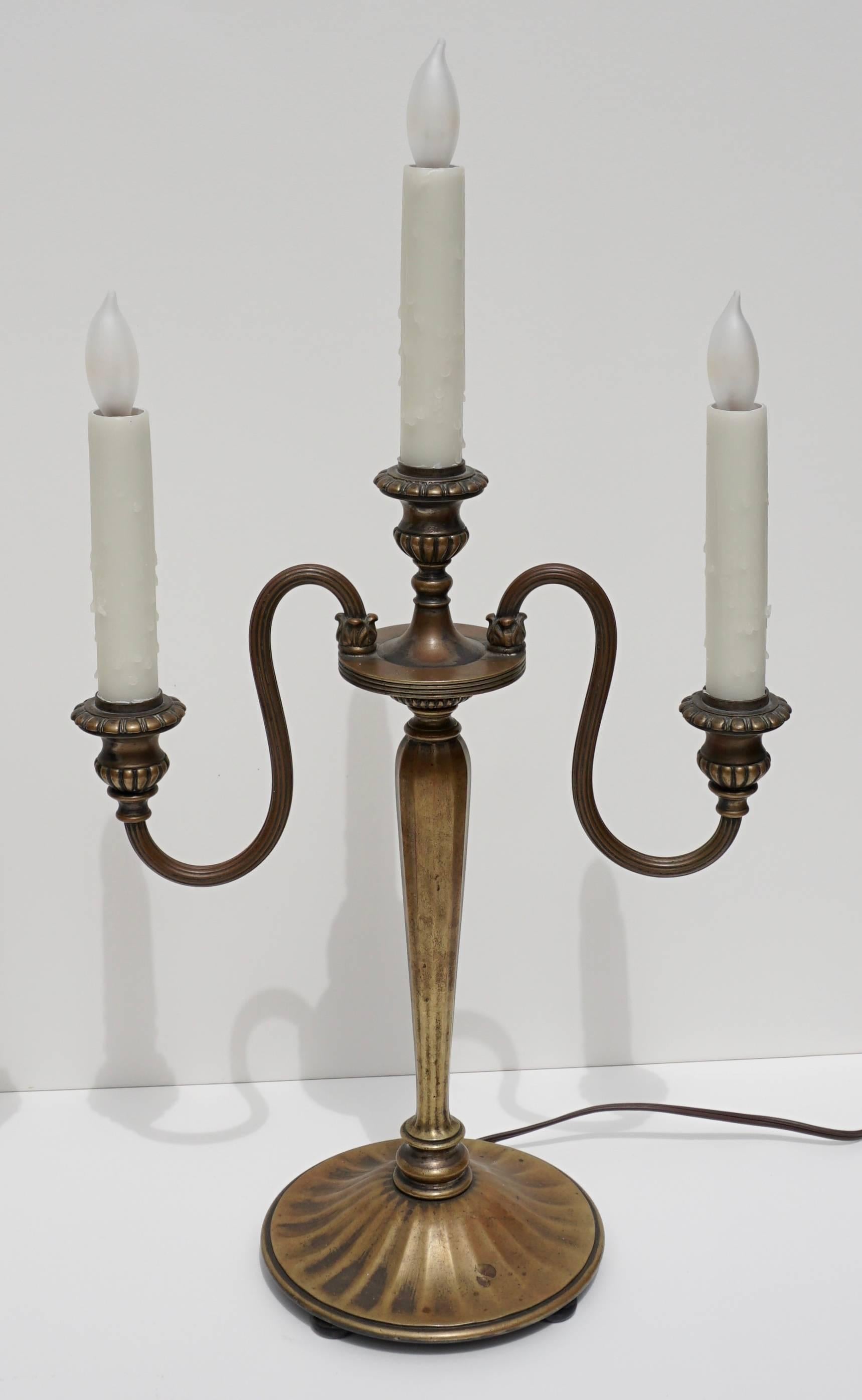 Cast Pair of Tiffany Studios New York Bronze Candelabrum Lamps, 1890