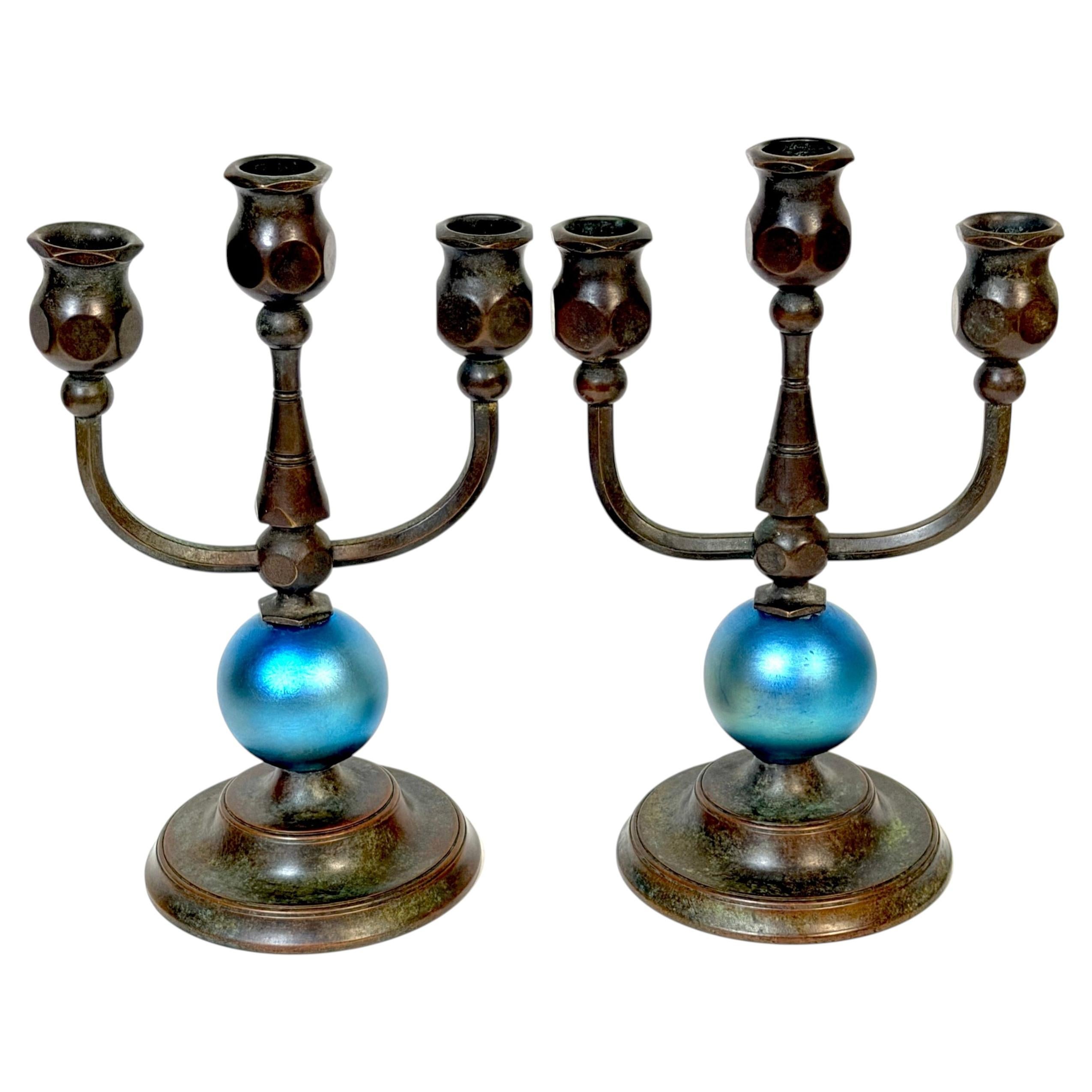 Pair Tiffany Studios No. 1312 Patinated Bronze & Blue Favrile Glass Candelabra For Sale
