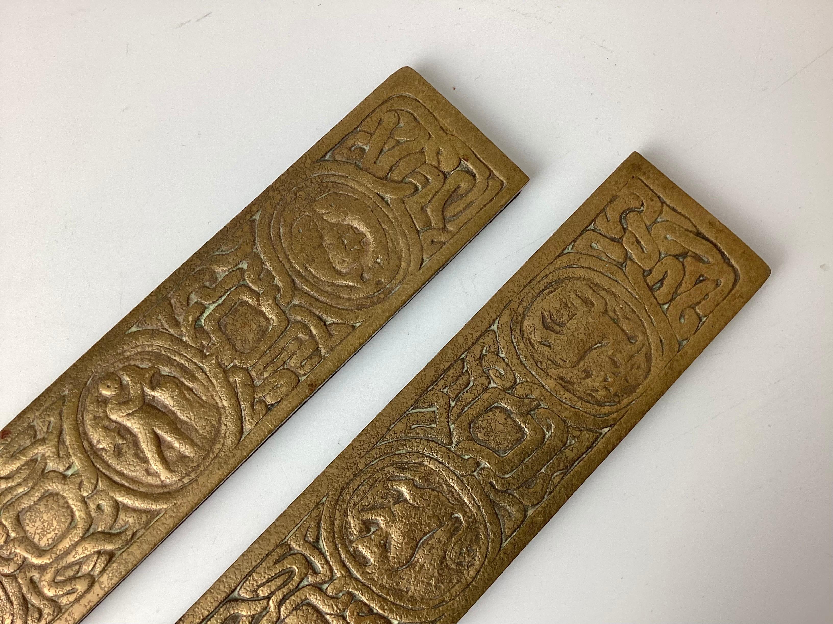Pair Tiffany Studios Zodiac Pattern Blotter Ends in Bronze In Excellent Condition For Sale In Lambertville, NJ