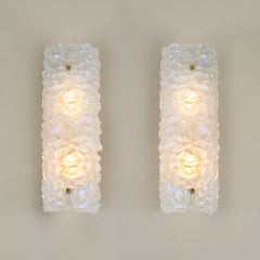 Modern Murano Wall Lights Pair, Thick Opaque Ice Pattern Glass, Brass Finials