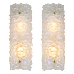 Pair to tall Murano opaque textured wall lights, ice effect and brass detail