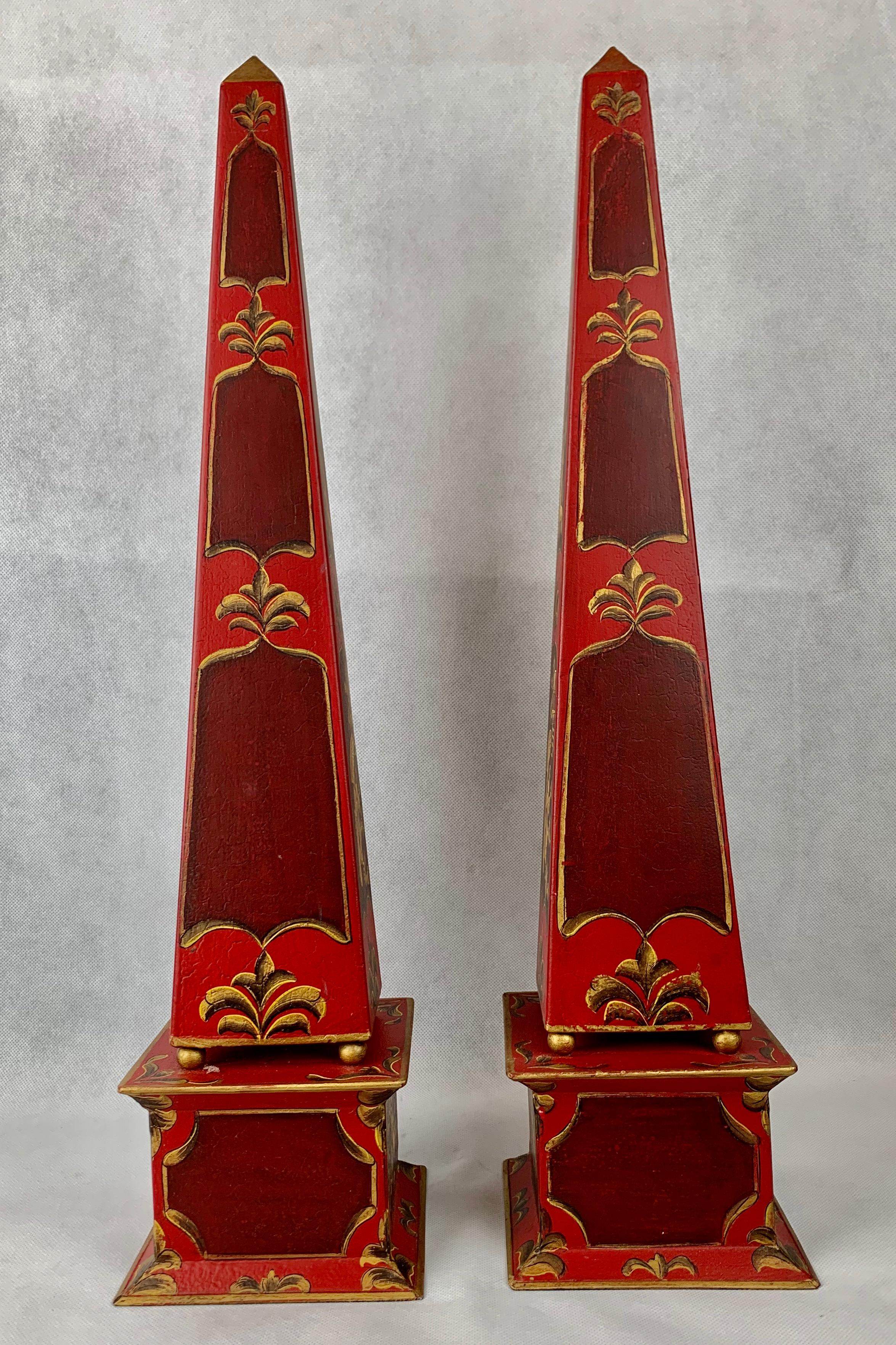 Unknown Hand Painted Red Tôle Chinoiserie Obelisks,  22.25