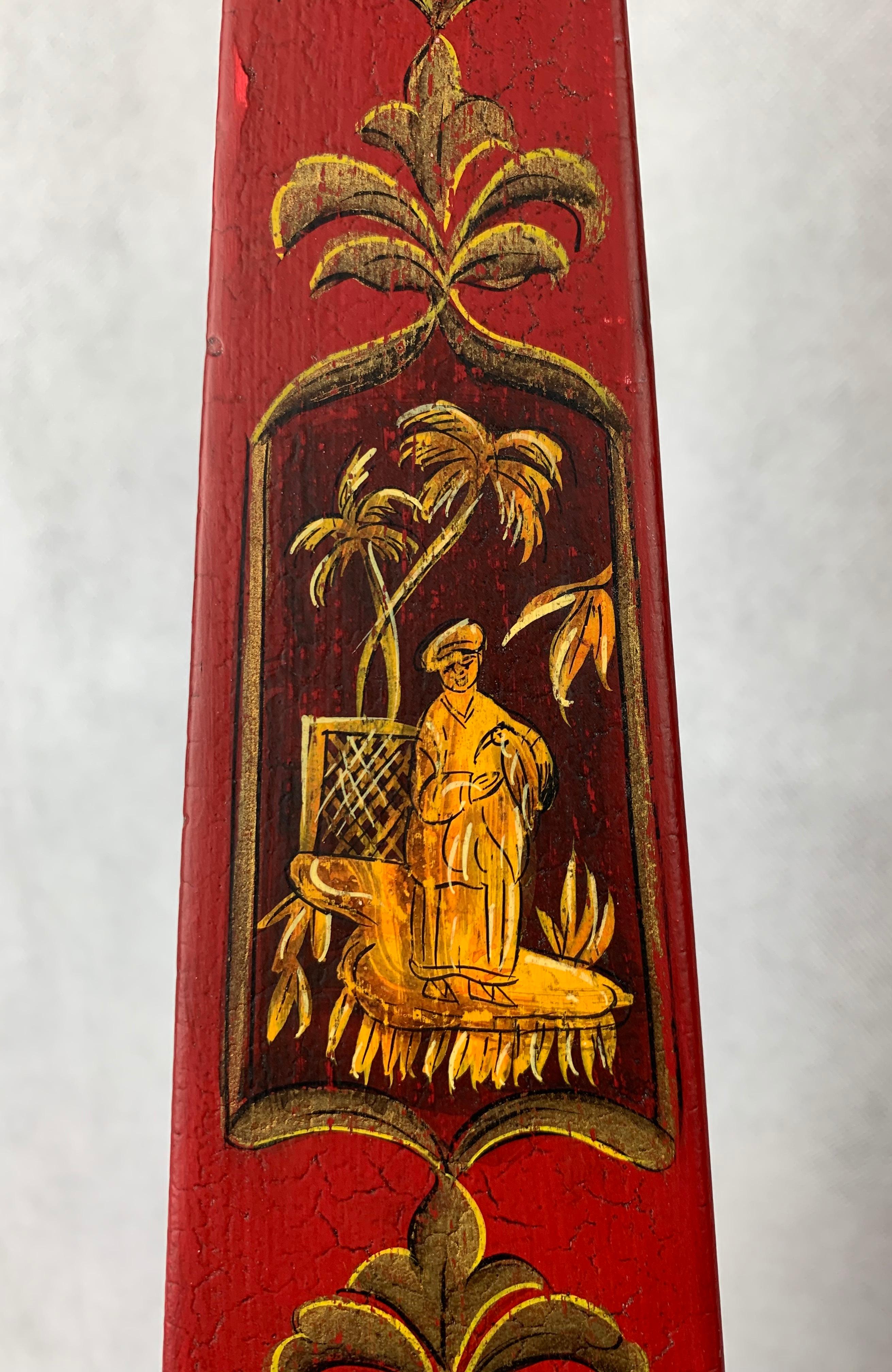 Late 20th Century Hand Painted Red Tôle Chinoiserie Obelisks,  22.25