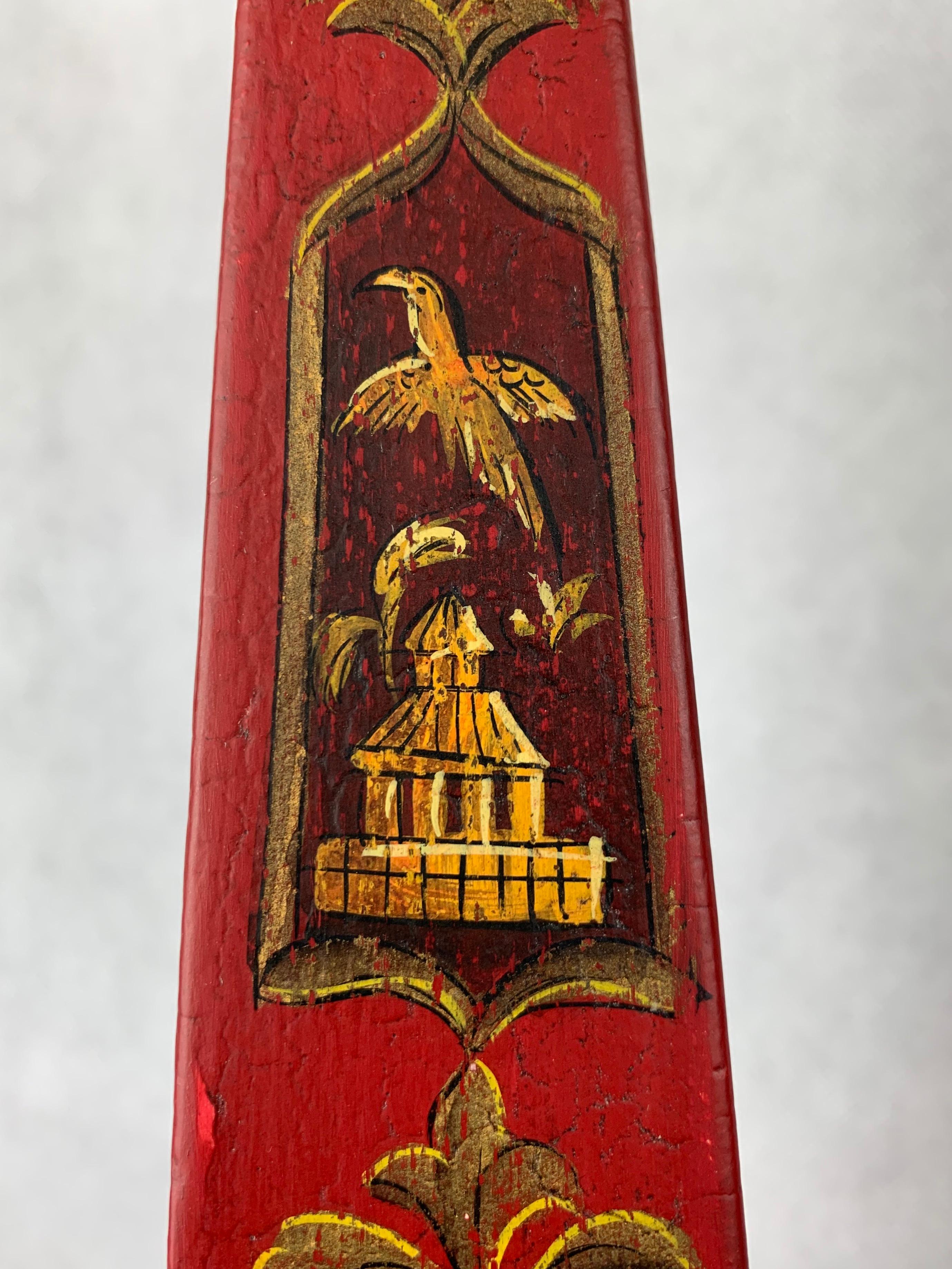 Tin Hand Painted Red Tôle Chinoiserie Obelisks,  22.25