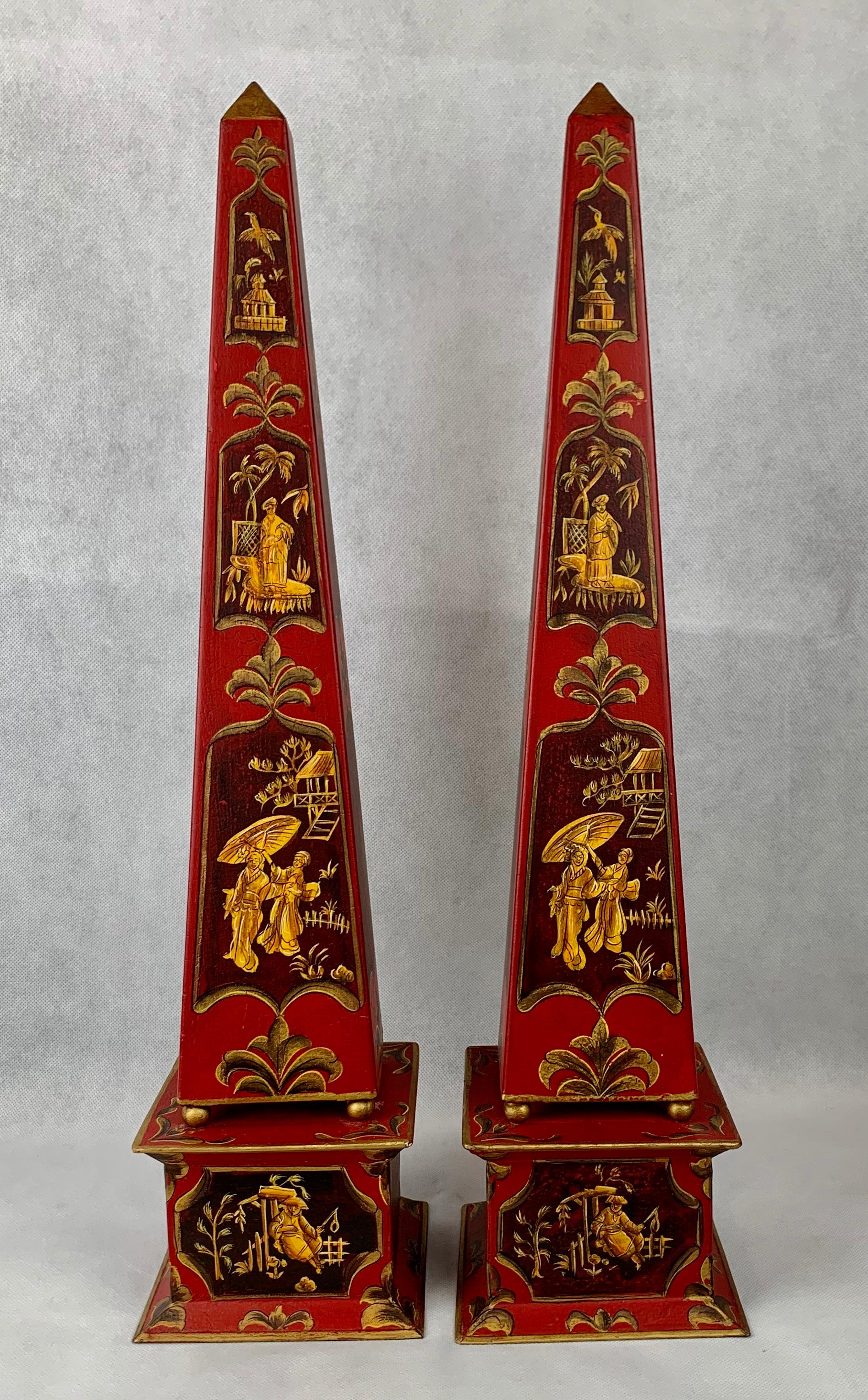 Hand Painted Red Tôle Chinoiserie Obelisks,  22.25