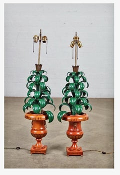 Pair Tole Palm Topiary Lamps