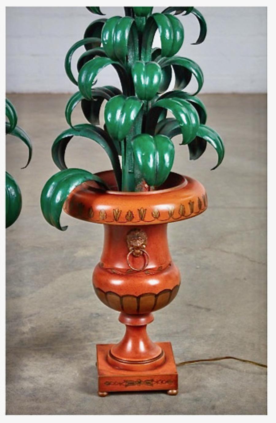 Italian Pair Tole Palm Topiary Lamps For Sale
