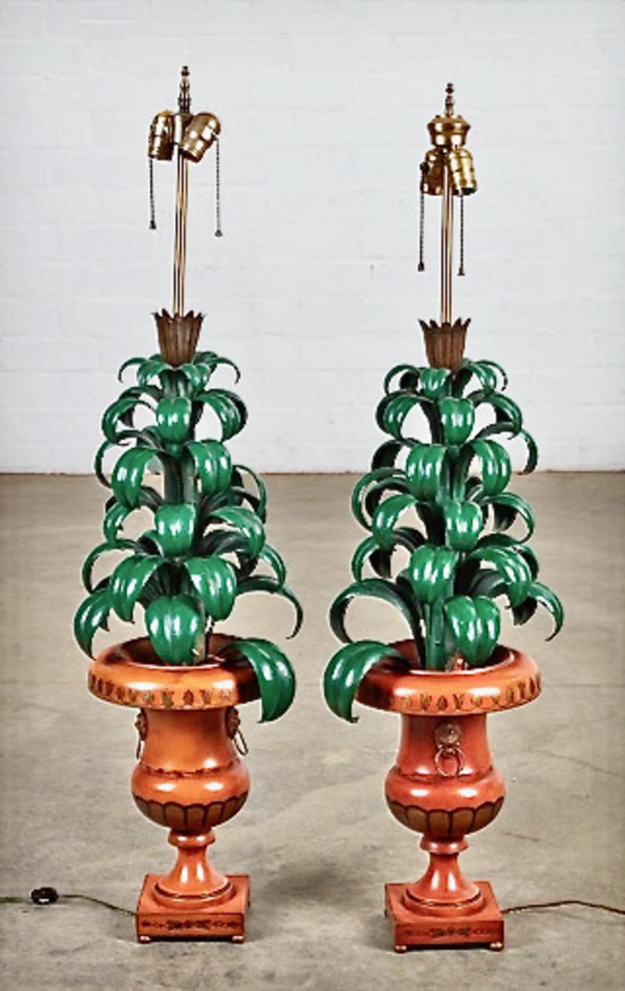 Pair Tole Palm Topiary Lamps In Good Condition For Sale In Pasadena, CA