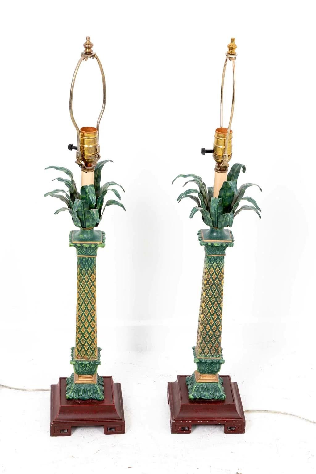 Hollywood Regency Pair Tole Palm Tree Lamps