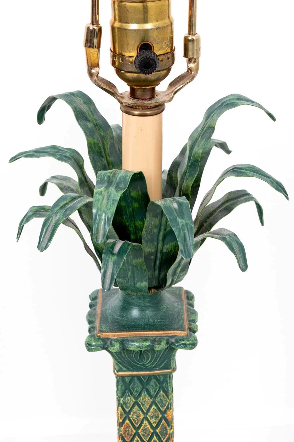 Hand-Painted Pair Tole Palm Tree Lamps