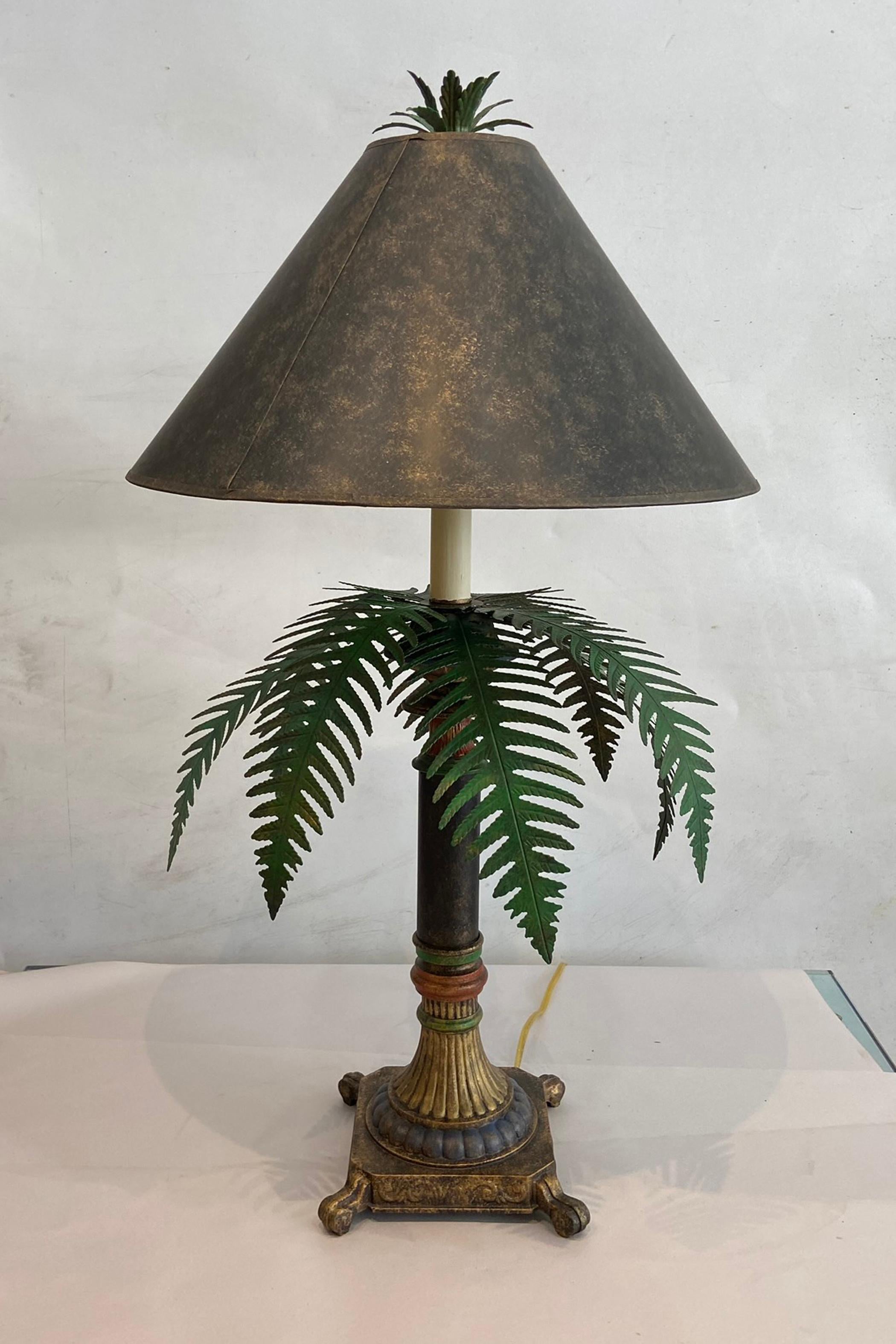 Hollywood Regency Pair of Tole Ware Palm Tree Table Lamps