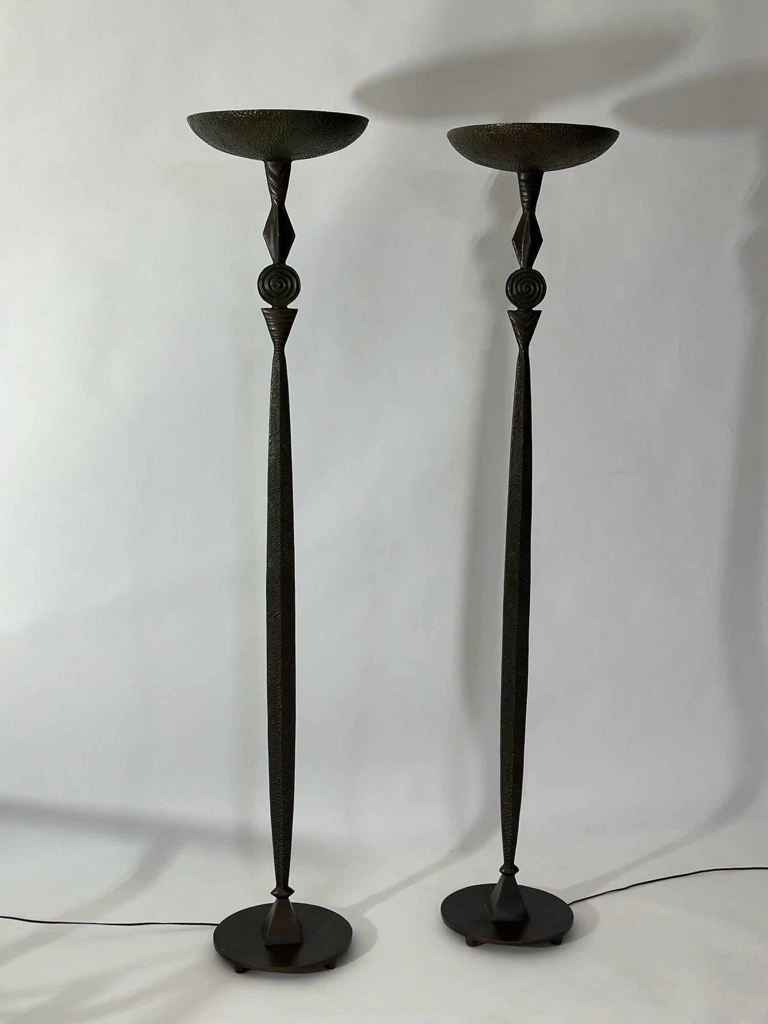 Sculptural Pair Tom Corbin solid Bronze Floor Lamps, 1993. In the style of Giacometti. Signed 1993.