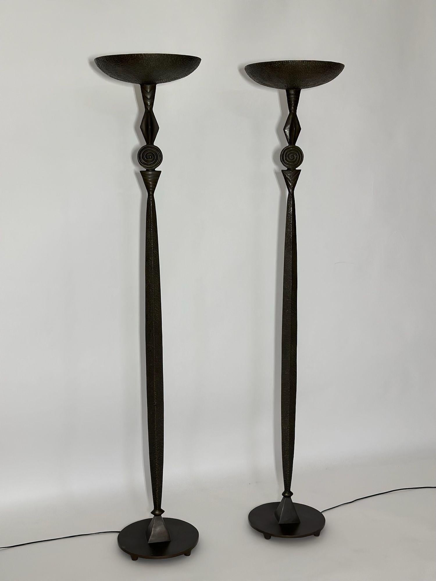 Post-Modern Pair Tom Corbin Bronze Floor Lamps, 1993