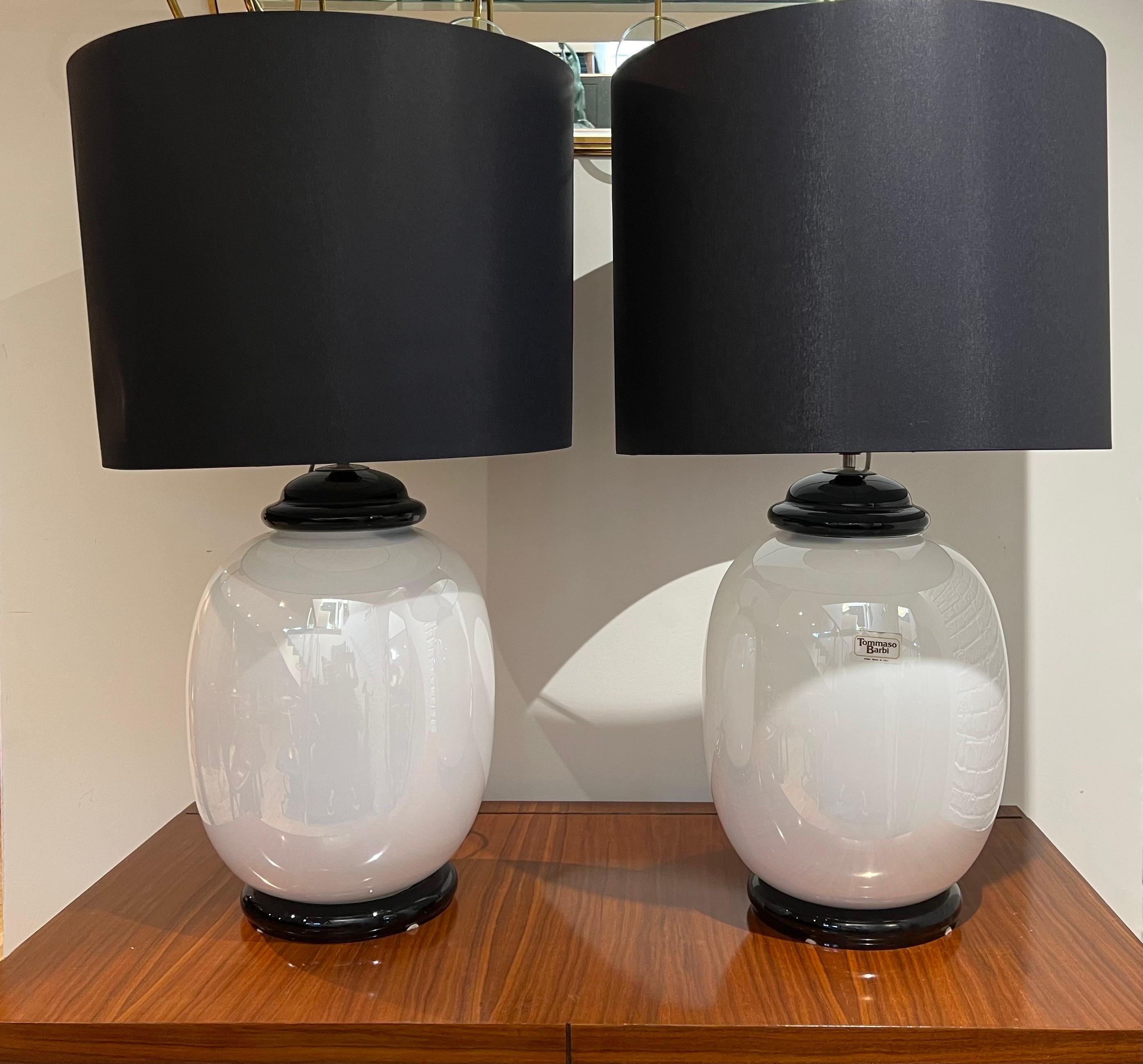 20th Century Pair Tomasso barbi white opaline murano glass table lamps  For Sale