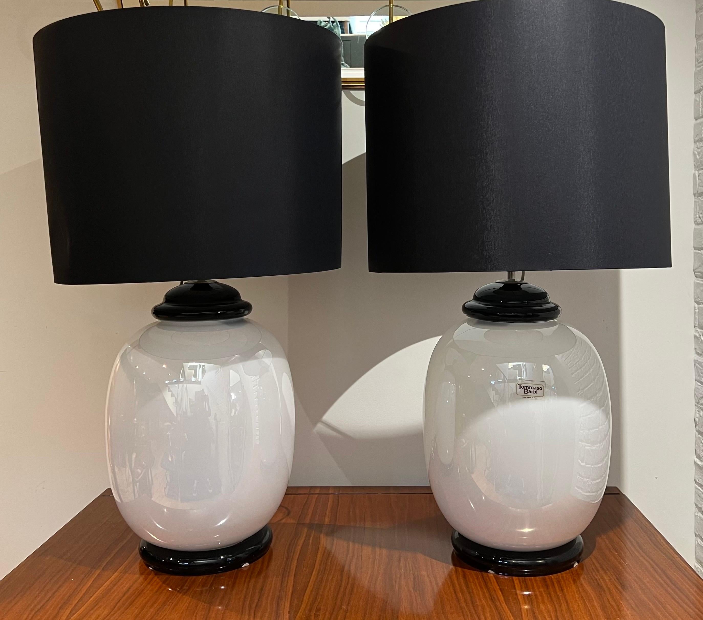 Blown Glass Pair Tomasso barbi white opaline murano glass table lamps  For Sale