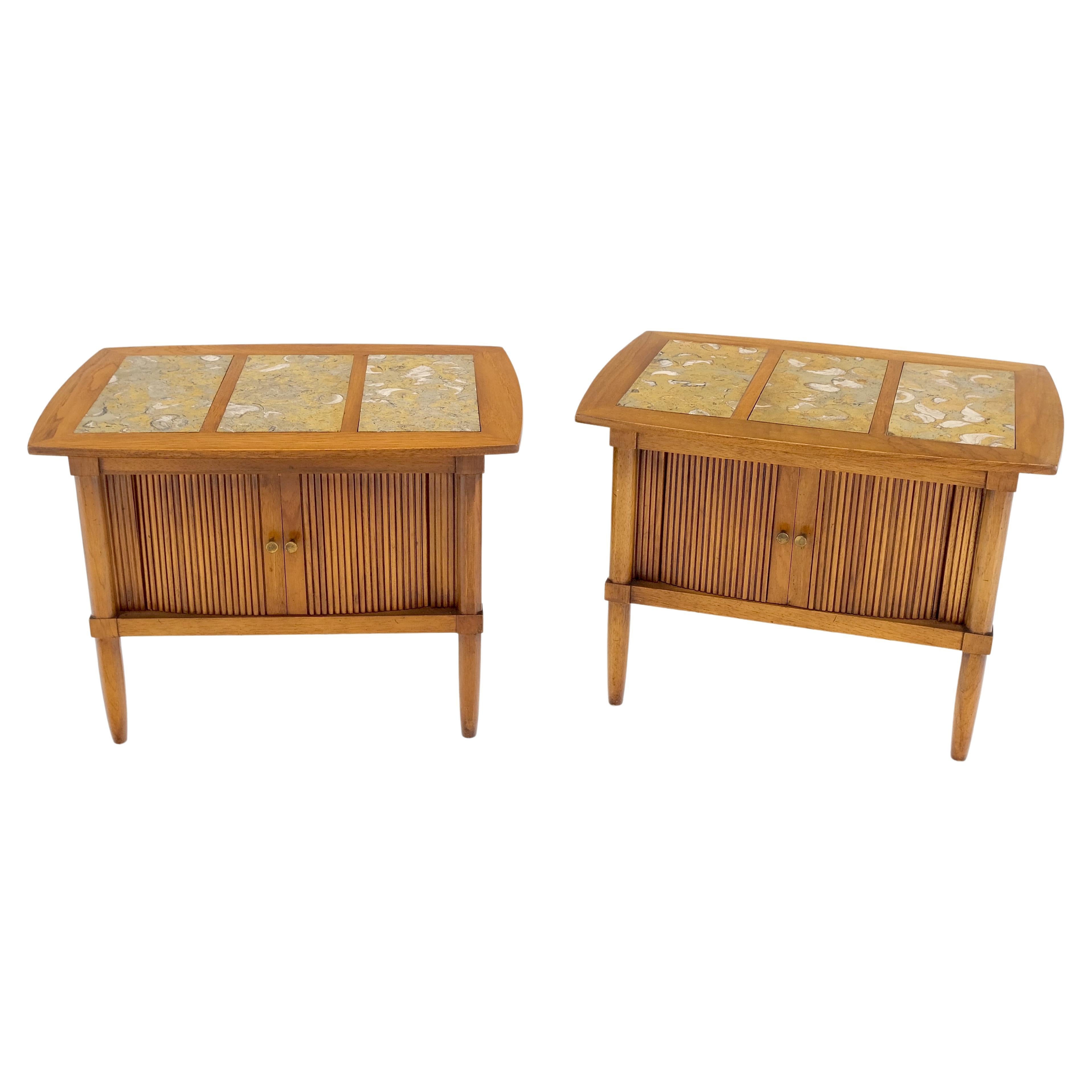 Pair Tomlinson Tambour Door Fossil Marble Top Side End Night Stands Tables Mint! For Sale