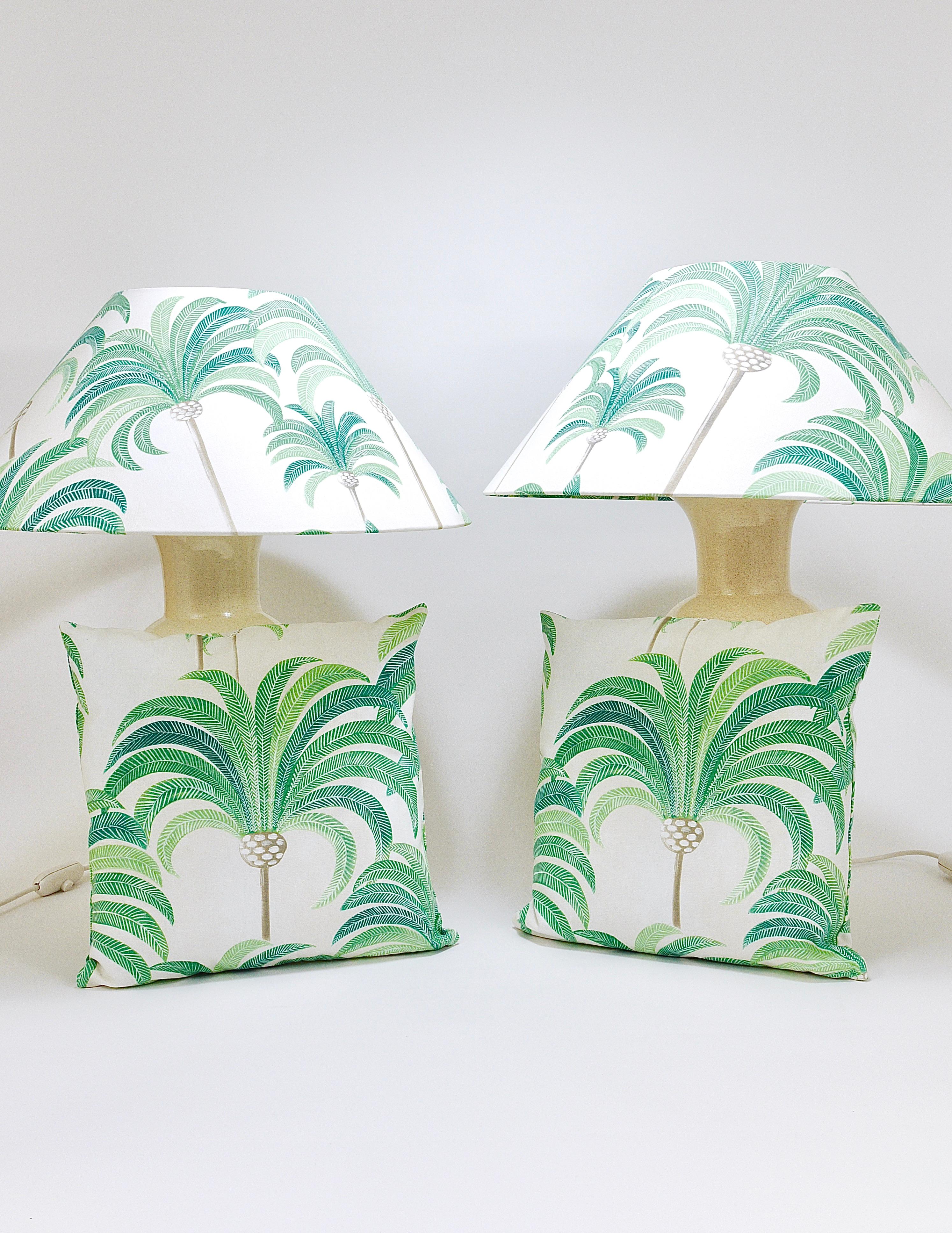 Italian Pair Tommaso Barbi Riviera Palm Tree 1970s Table Lamps With Matching Pillows For Sale