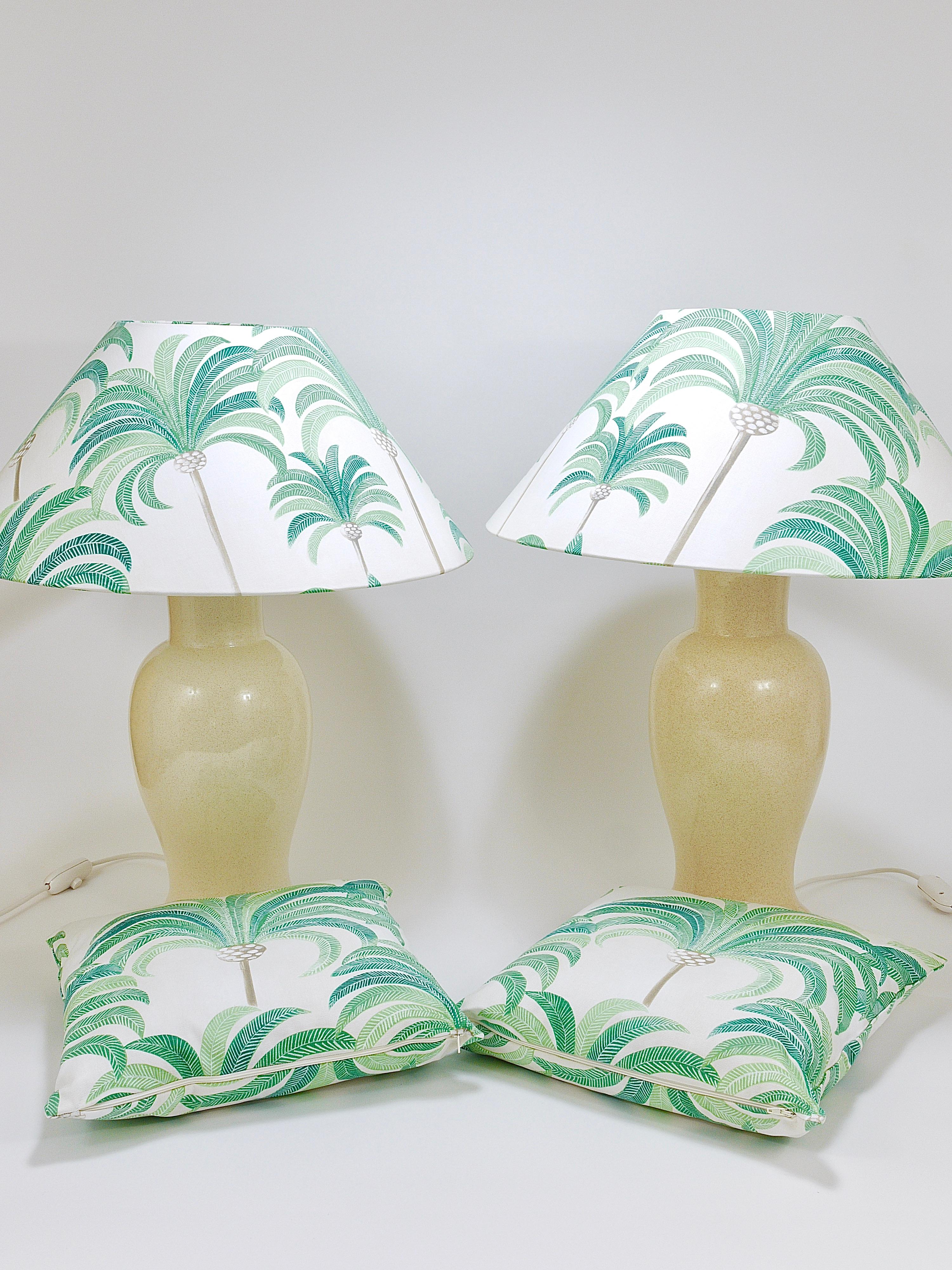 Glazed Pair Tommaso Barbi Riviera Palm Tree 1970s Table Lamps With Matching Pillows For Sale