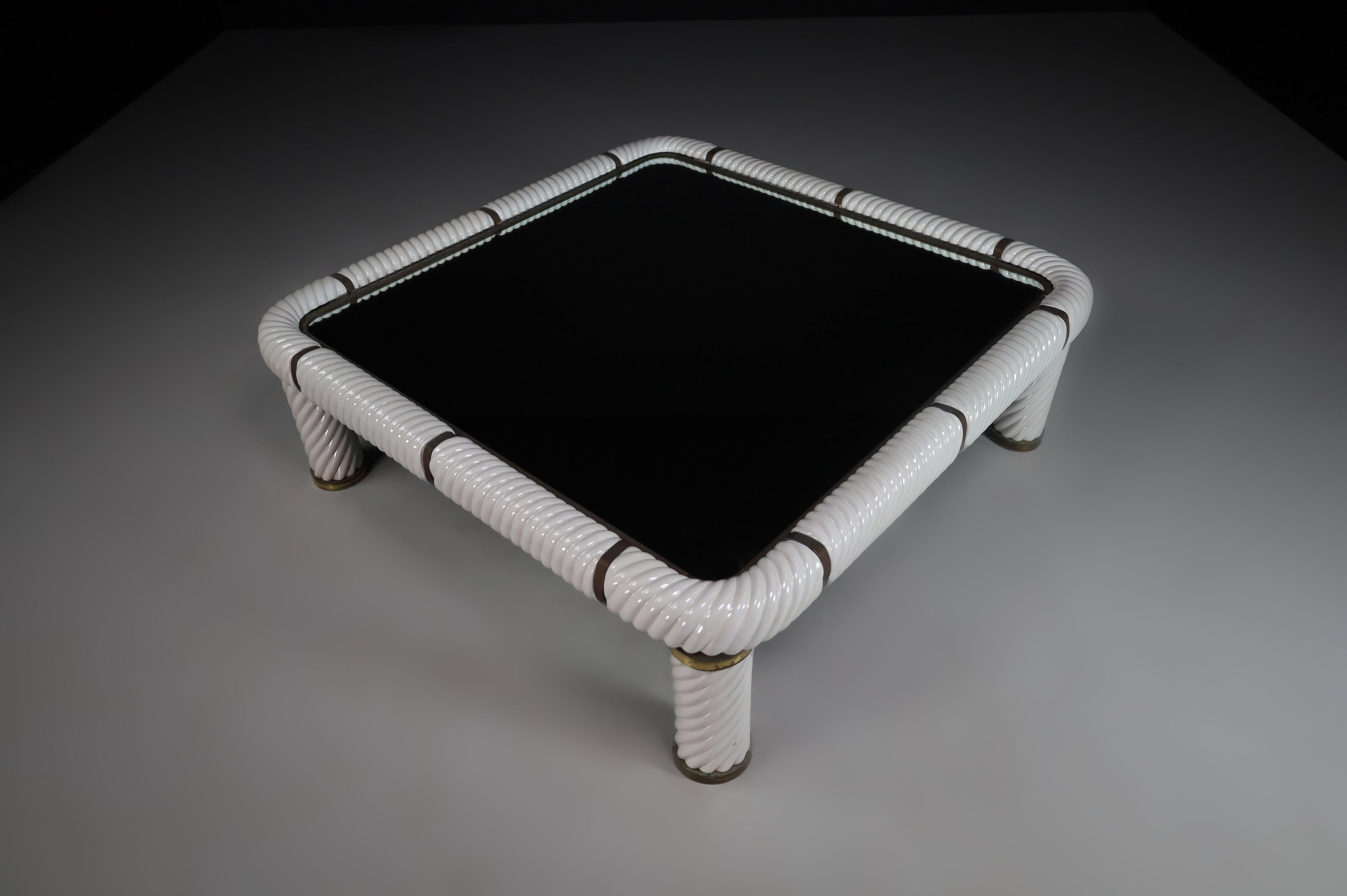 Pair Tommaso Barbi White Ceramic and Brass Coffee Tables, Italy 1970s  For Sale 4