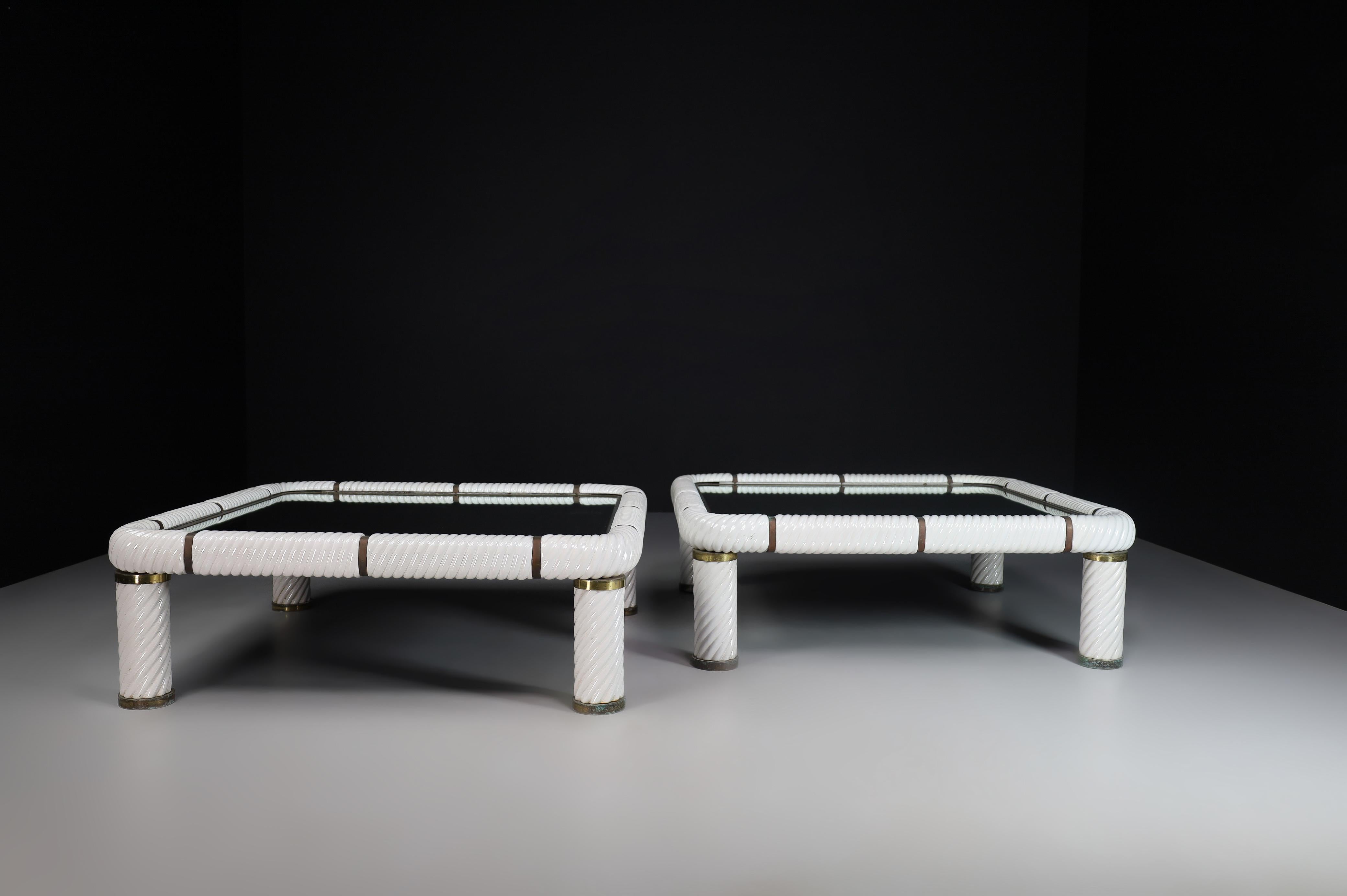 Pair Tommaso Barbi White Ceramic and Brass Coffee Tables, Italy 1970s  For Sale 6