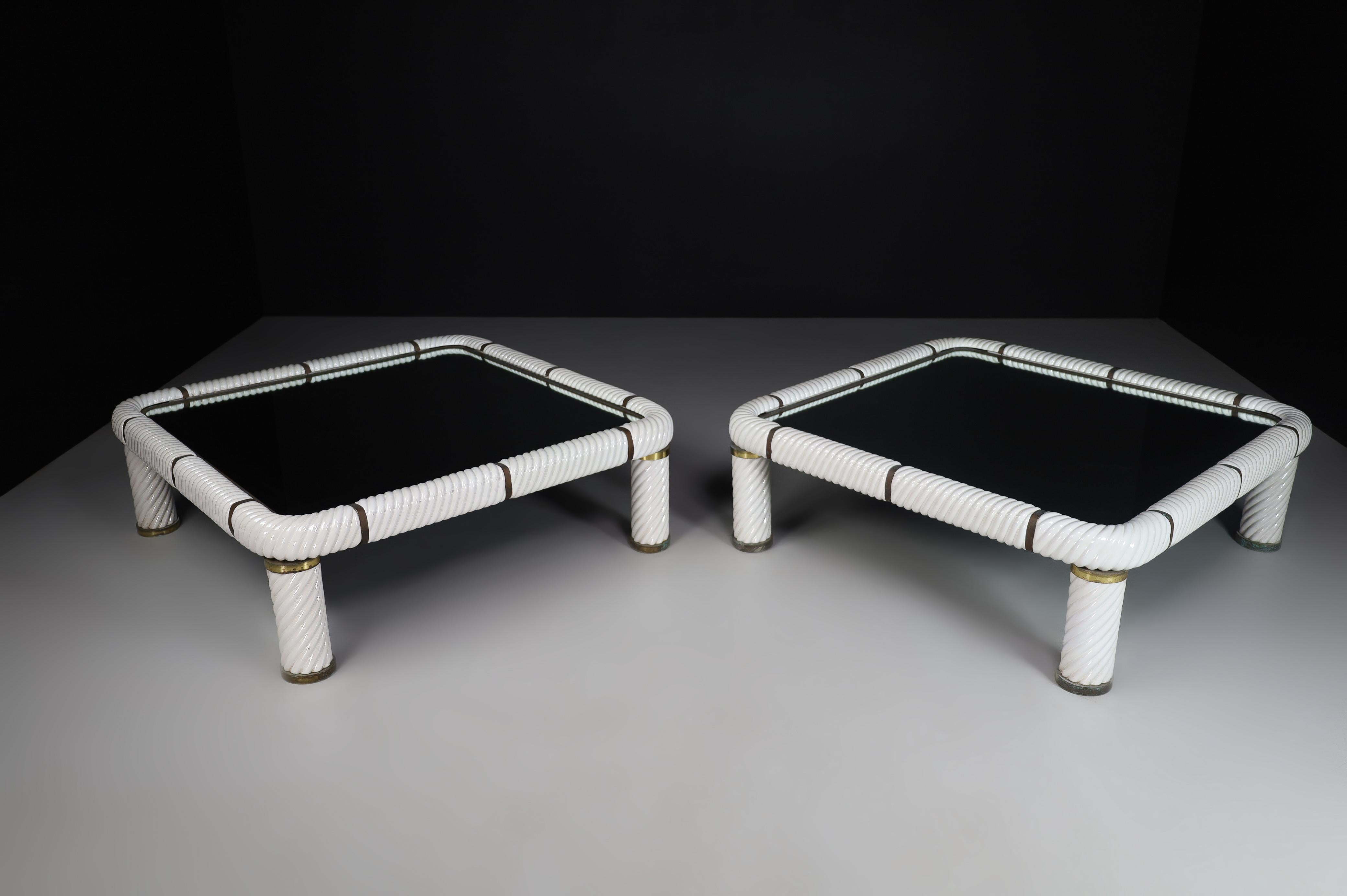 Pair Tommaso Barbi White Ceramic and Brass Coffee Tables, Italy 1970s  For Sale 7