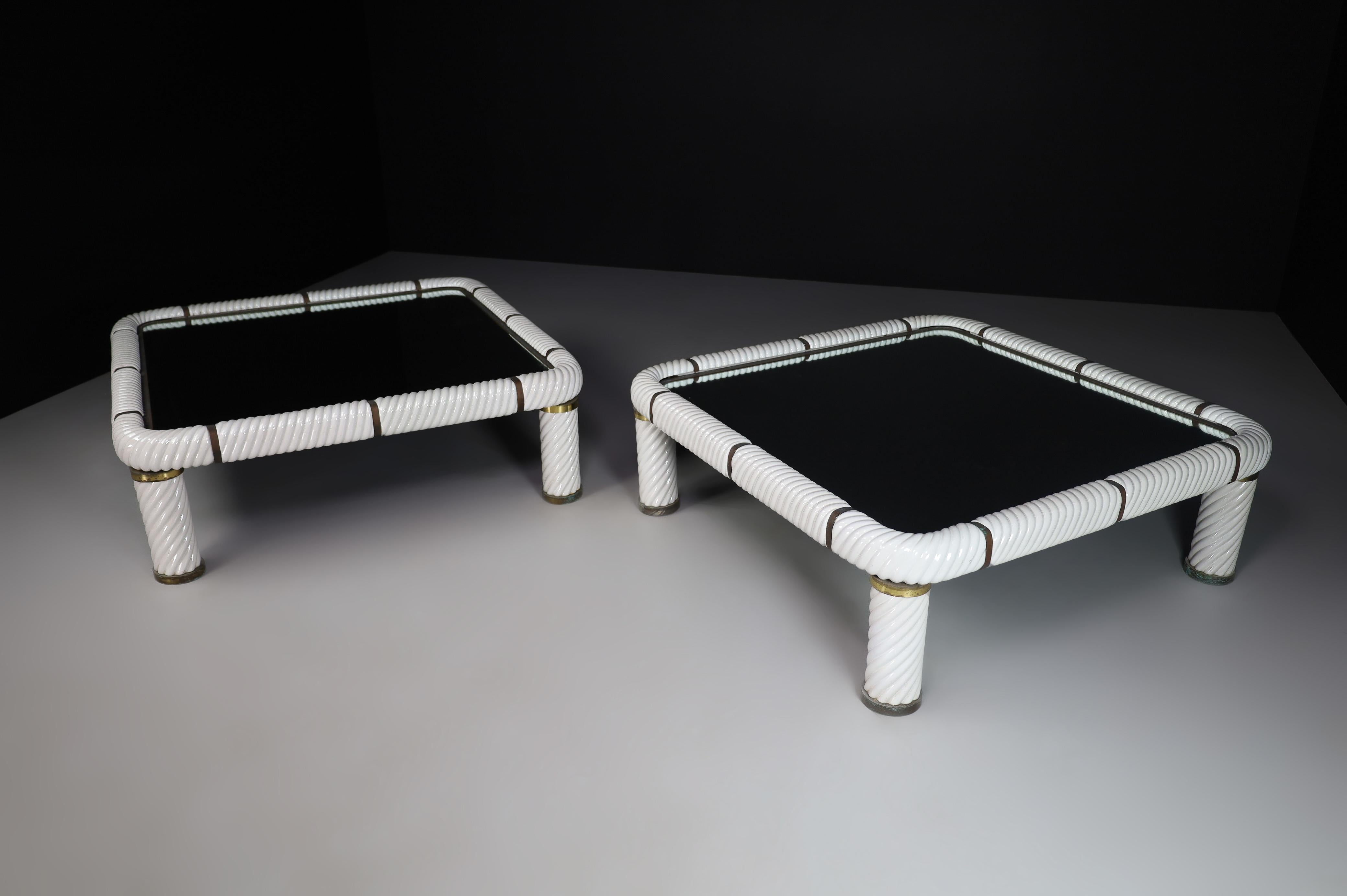 Pair Tommaso Barbi White Ceramic and Brass Coffee Tables, Italy 1970s  For Sale 8