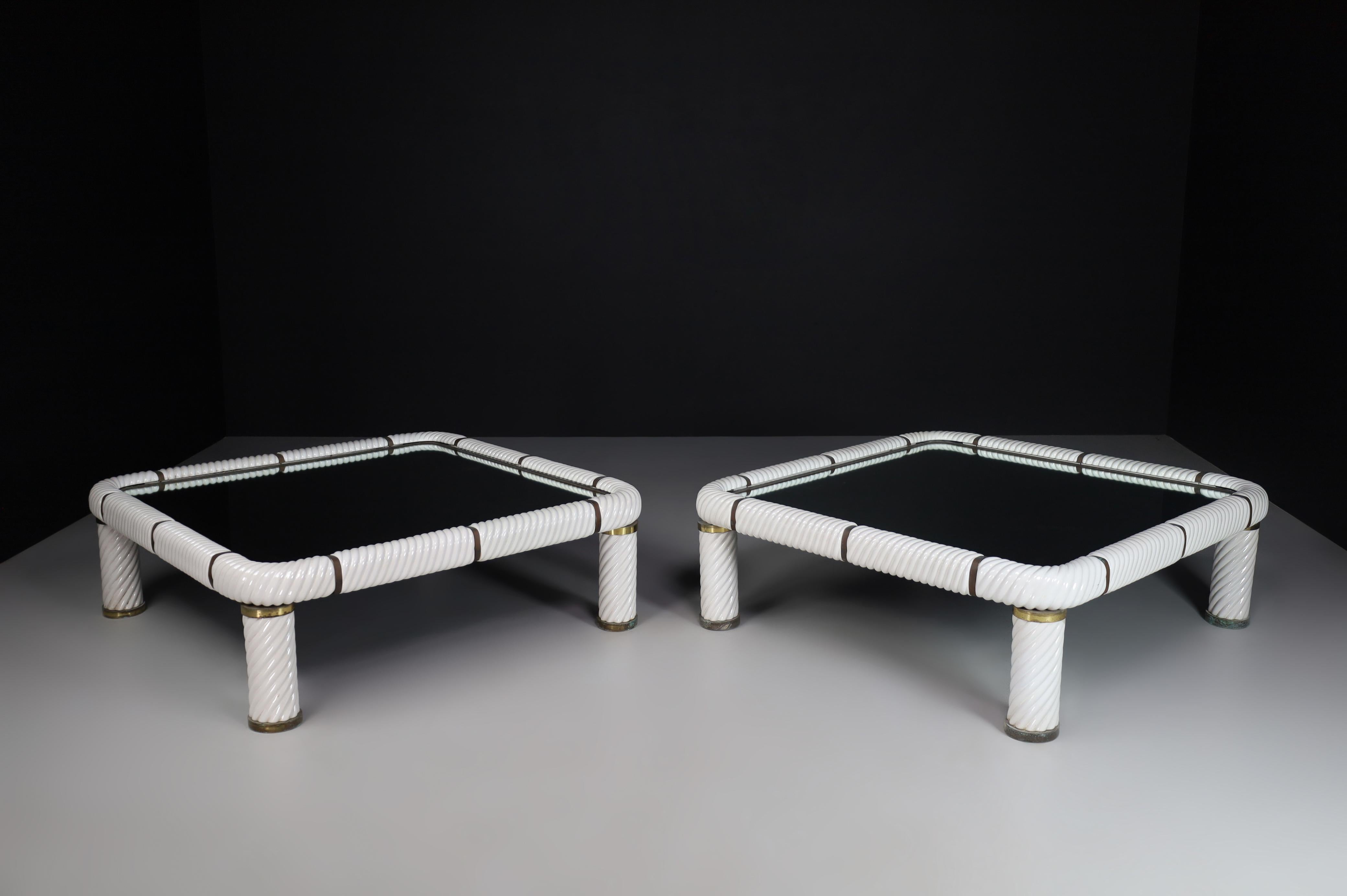Pair Tommaso Barbi White Ceramic and Brass Coffee Tables, Italy 1970s  For Sale 11
