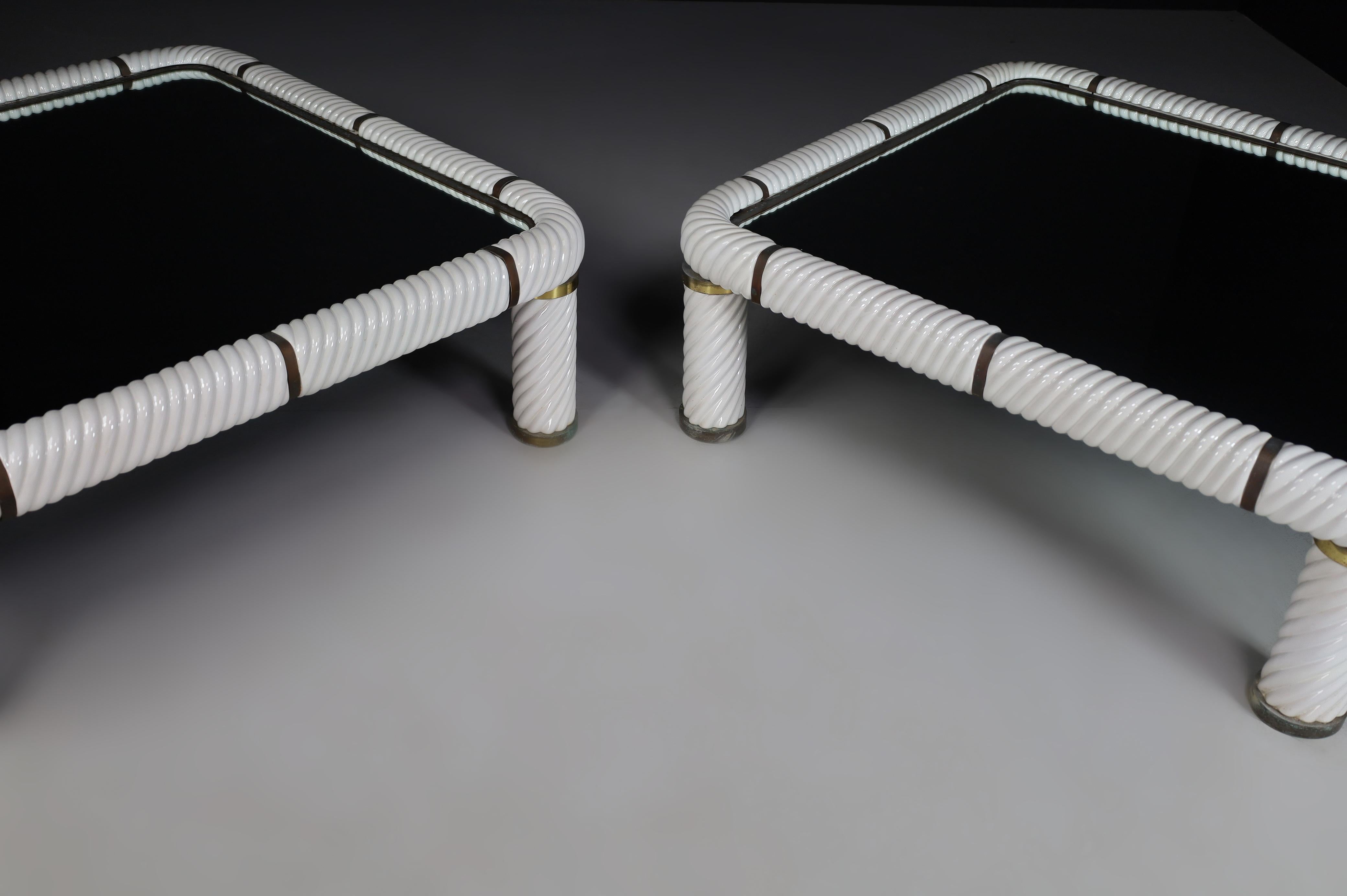 Pair Tommaso Barbi White Ceramic and Brass Coffee Tables, Italy 1970s  For Sale 12