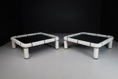 Pair Tommaso Barbi White Ceramic and Brass Coffee Tables, Italy 1970s