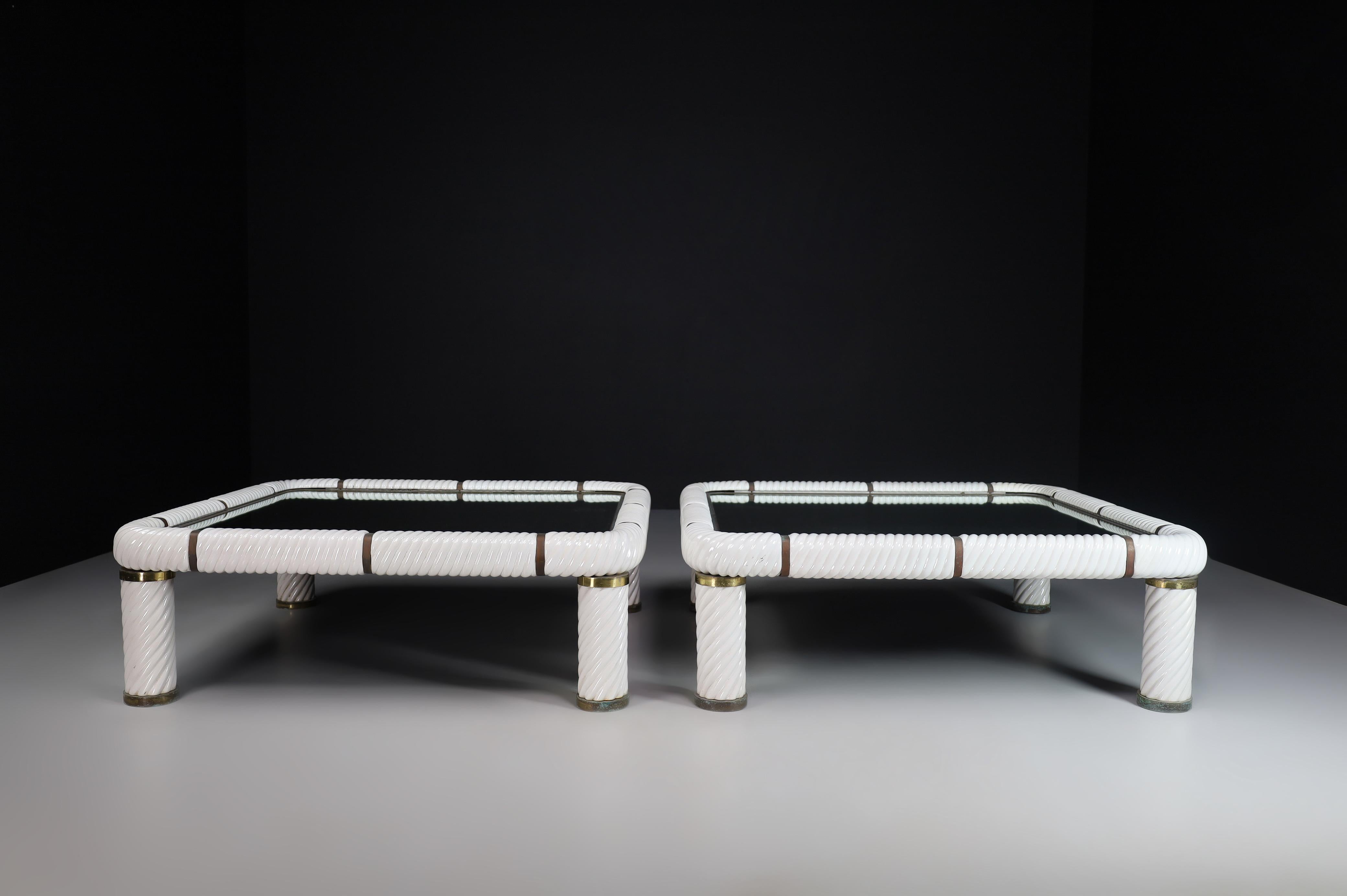 Mid-Century Modern Pair Tommaso Barbi White Ceramic and Brass Coffee Tables, Italy 1970s  For Sale