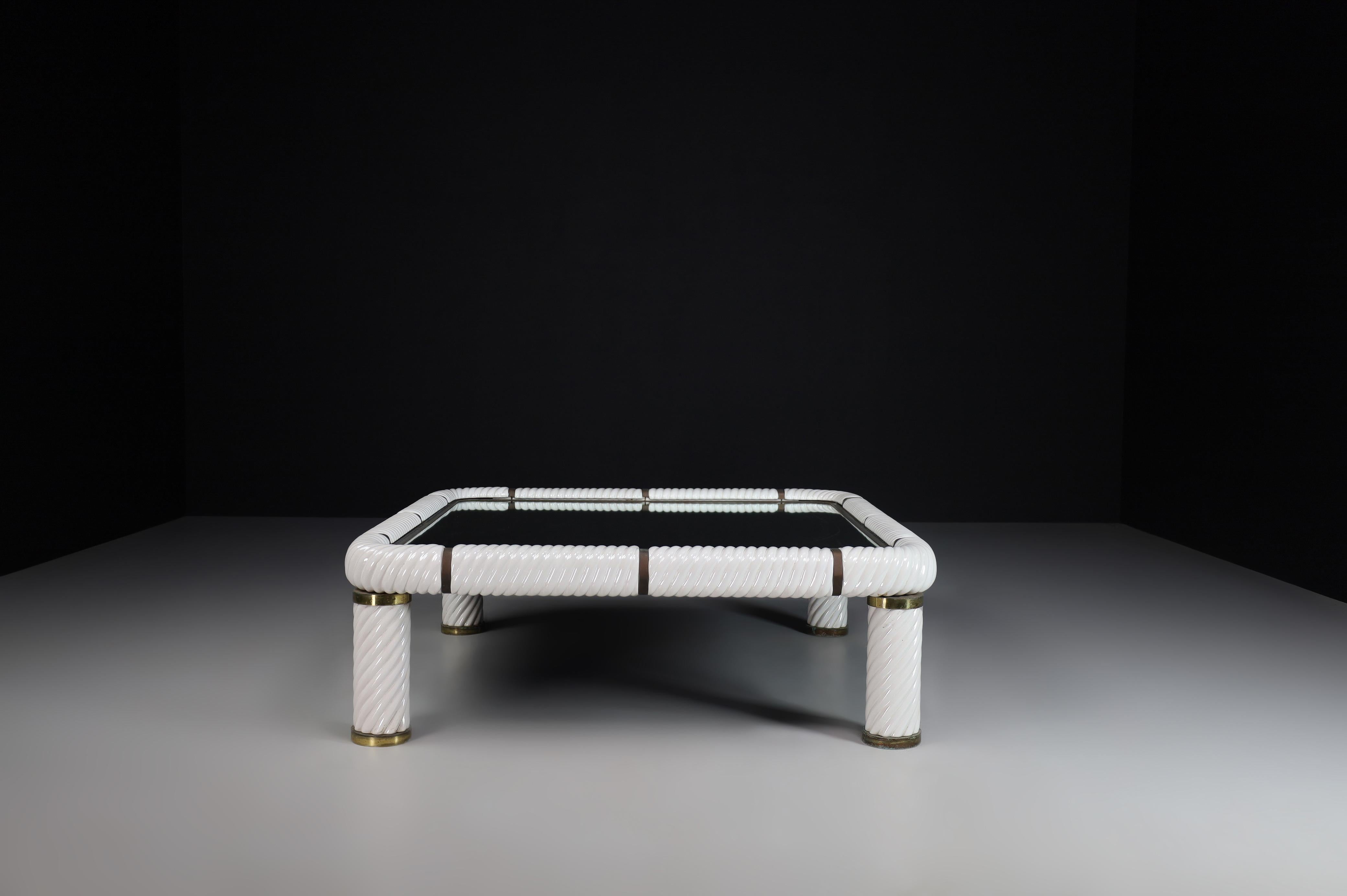 Italian Pair Tommaso Barbi White Ceramic and Brass Coffee Tables, Italy 1970s  For Sale