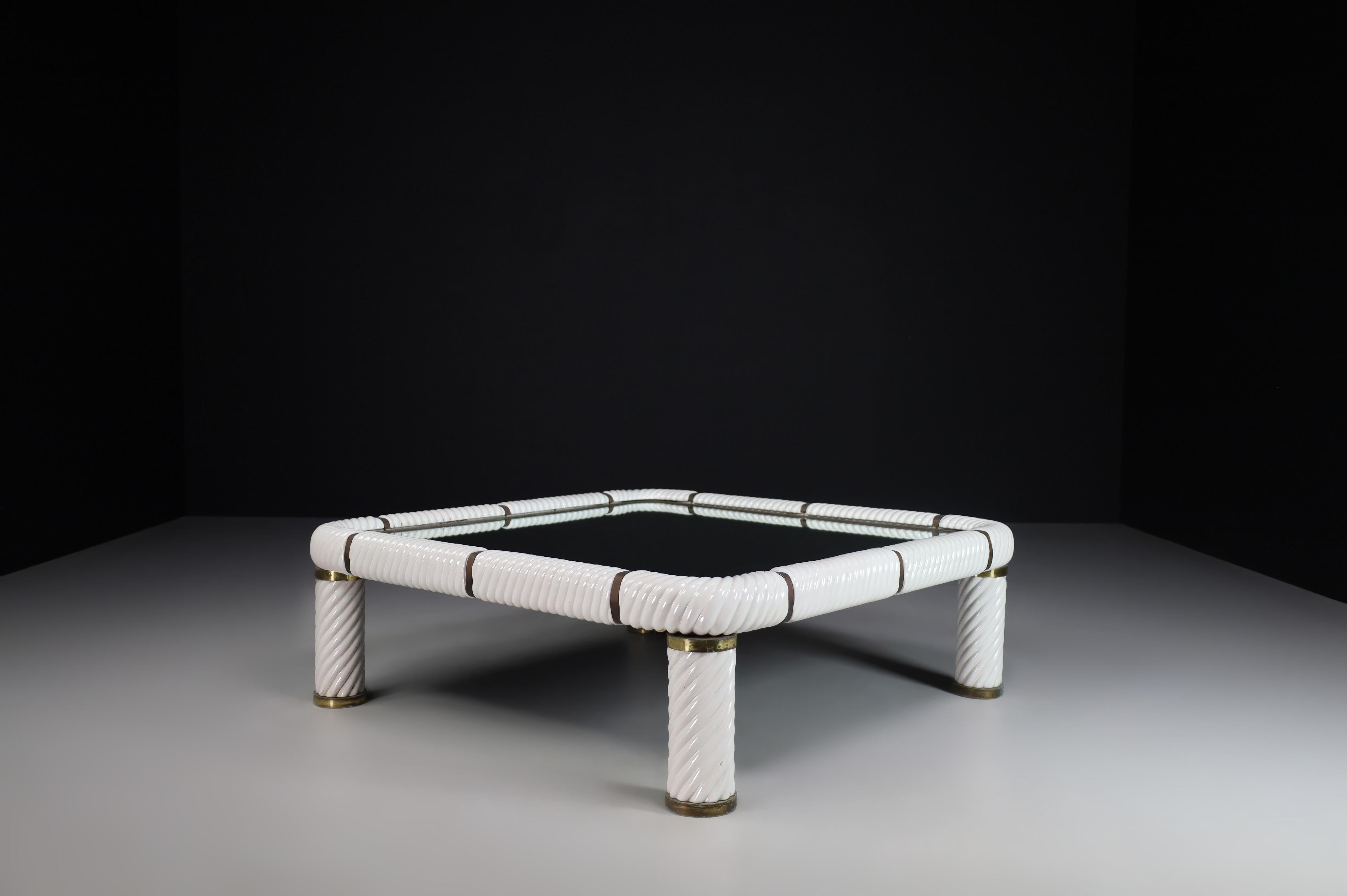 Pair Tommaso Barbi White Ceramic and Brass Coffee Tables, Italy 1970s  In Good Condition For Sale In Almelo, NL