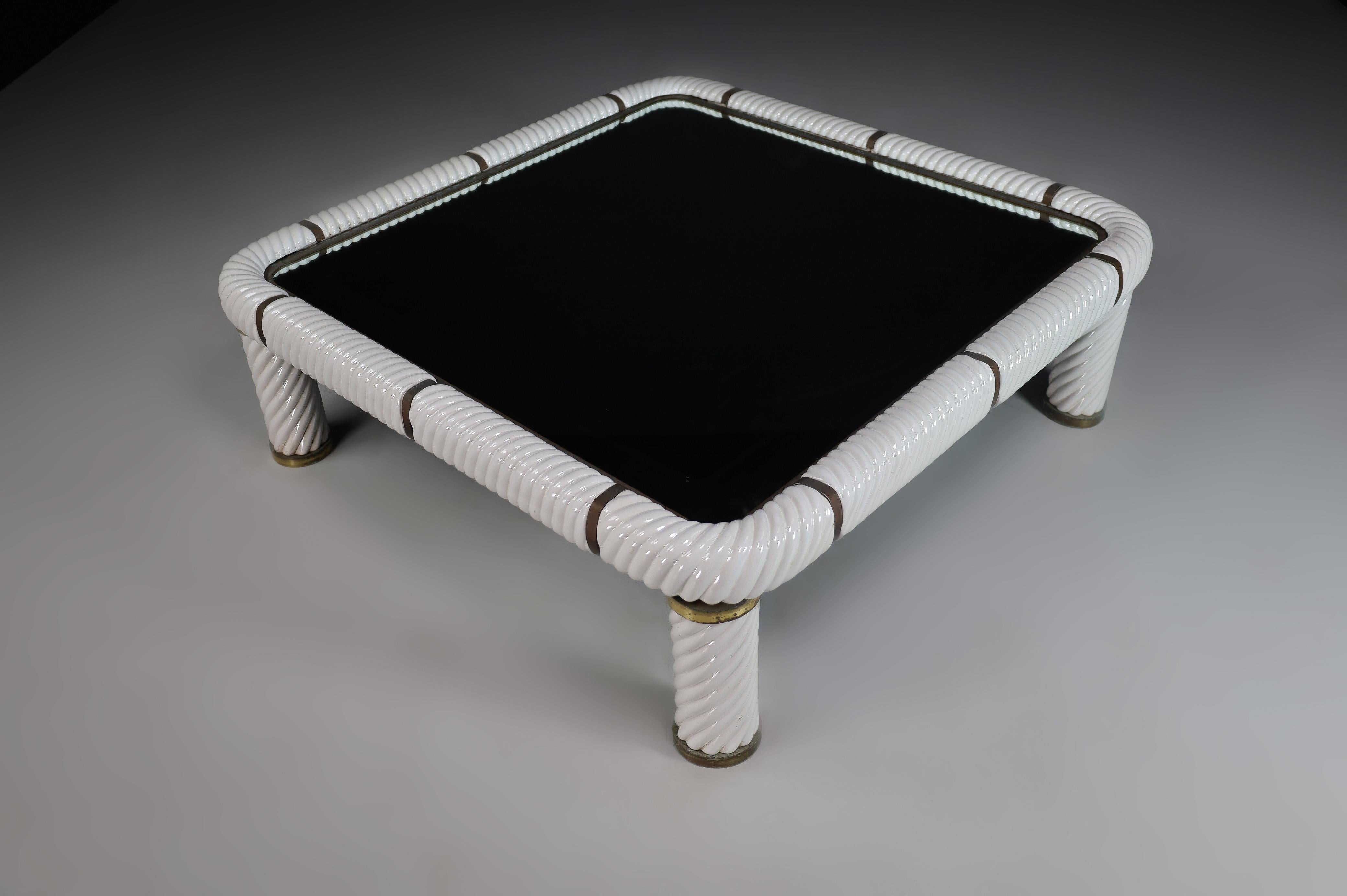 20th Century Pair Tommaso Barbi White Ceramic and Brass Coffee Tables, Italy 1970s  For Sale