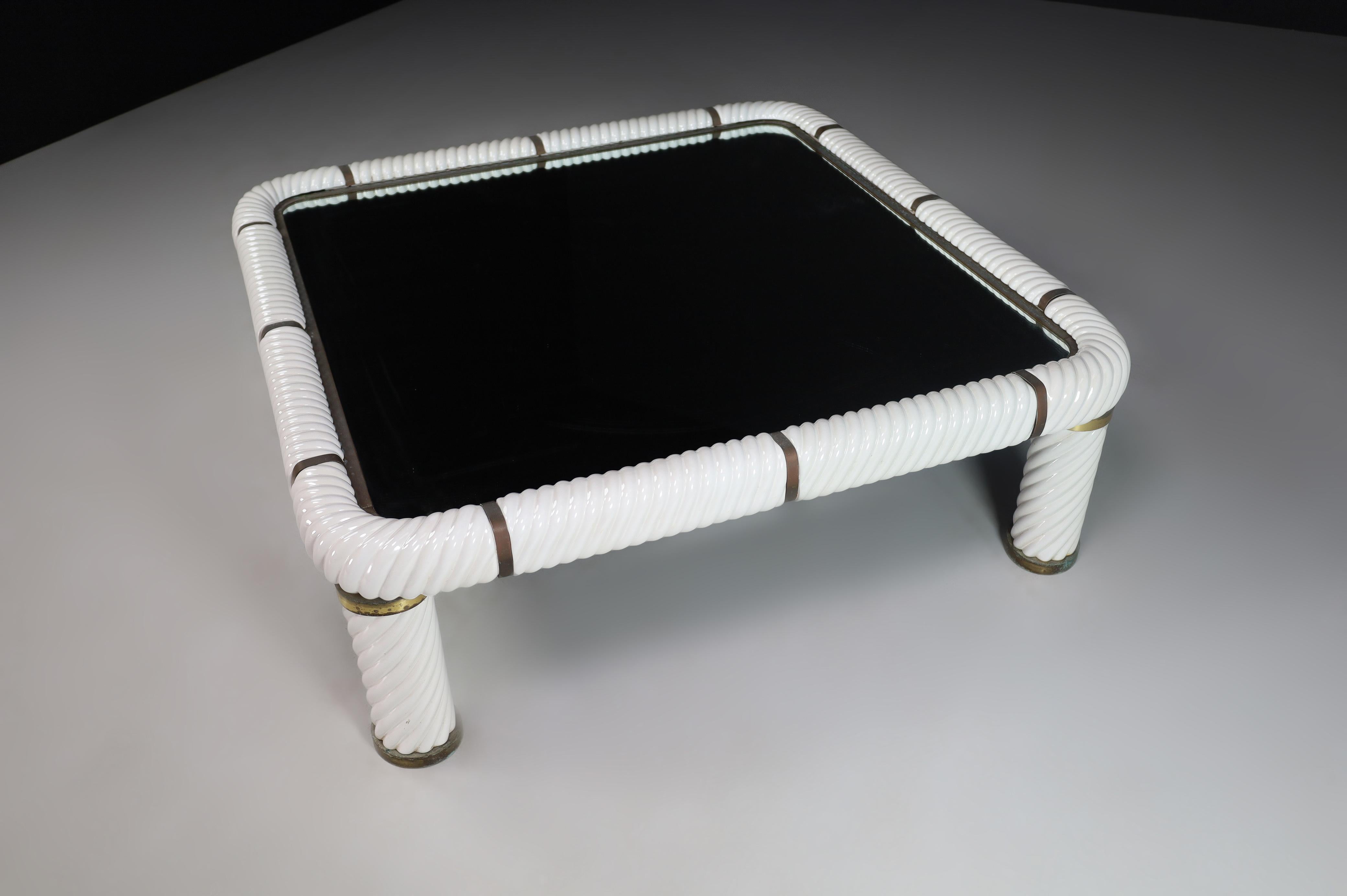 Pair Tommaso Barbi White Ceramic and Brass Coffee Tables, Italy 1970s  For Sale 1
