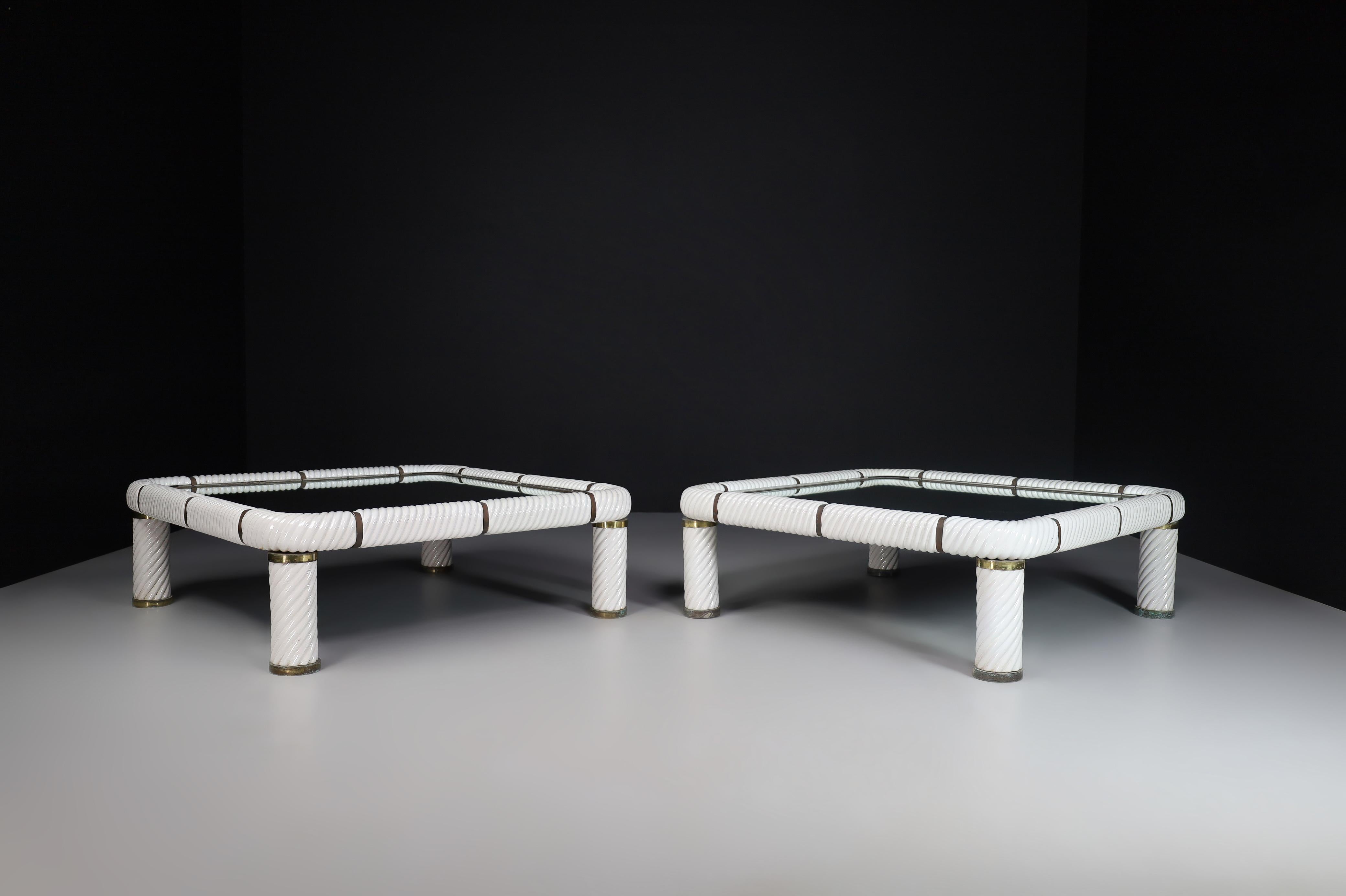 Pair Tommaso Barbi White Ceramic and Brass Coffee Tables, Italy 1970s  For Sale 2
