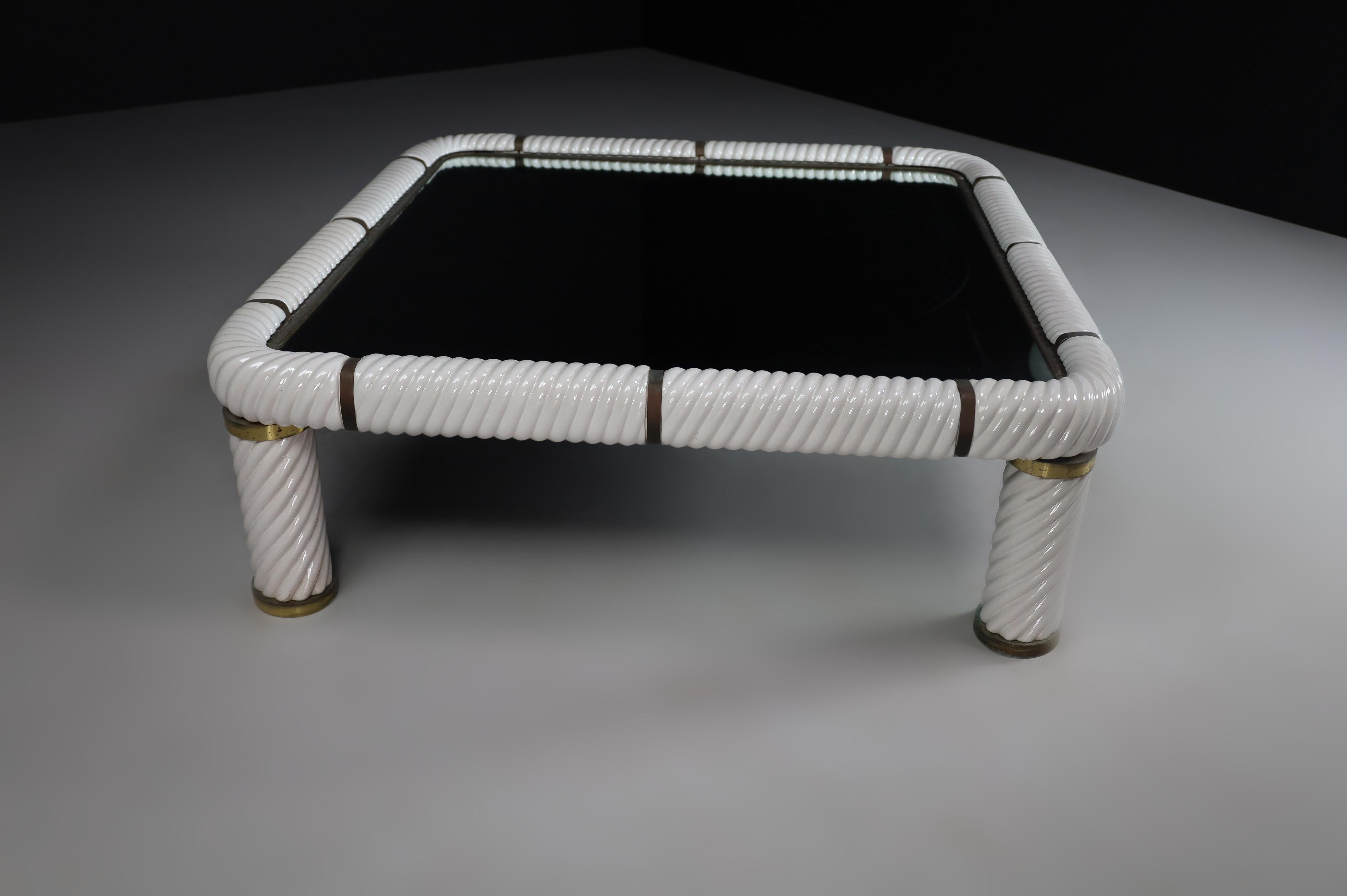 Pair Tommaso Barbi White Ceramic and Brass Coffee Tables, Italy 1970s  For Sale 3