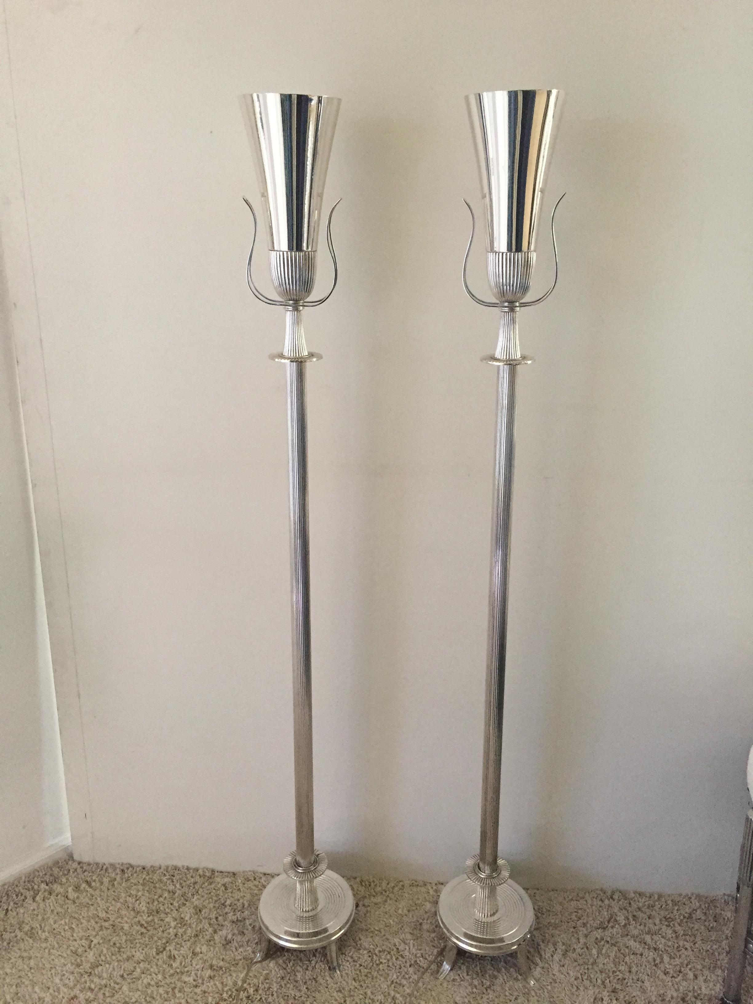 Pair of Tommi Parzinger nickel-plated Hollywood regency style torchiers, rewired and lacquered.