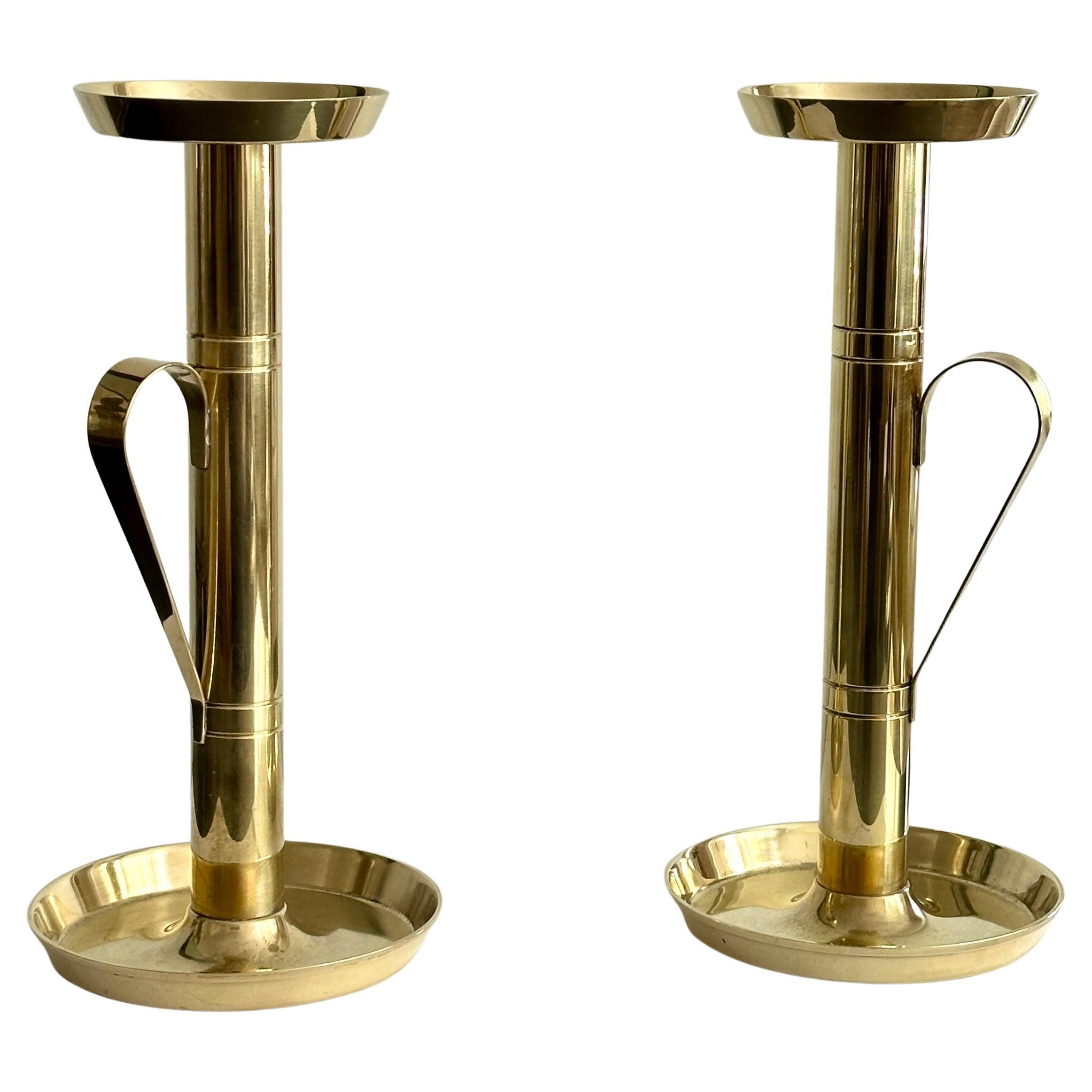 Pair Tommi Parzinger Solid Brass Handled Candlesticks For Dorlyn Silversmiths